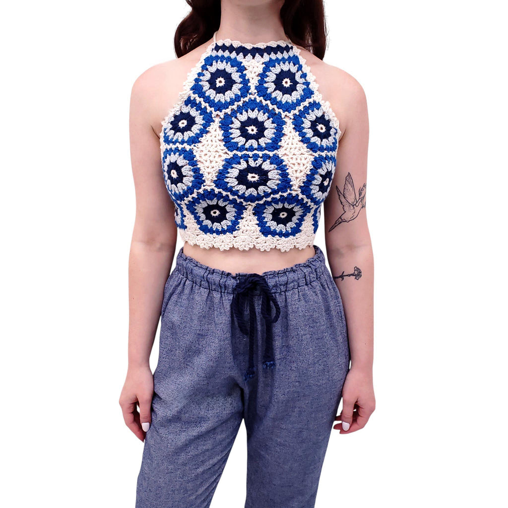 SEA NEW YORK BLUE AND WHITE CROCHET TOP - SIZE XS