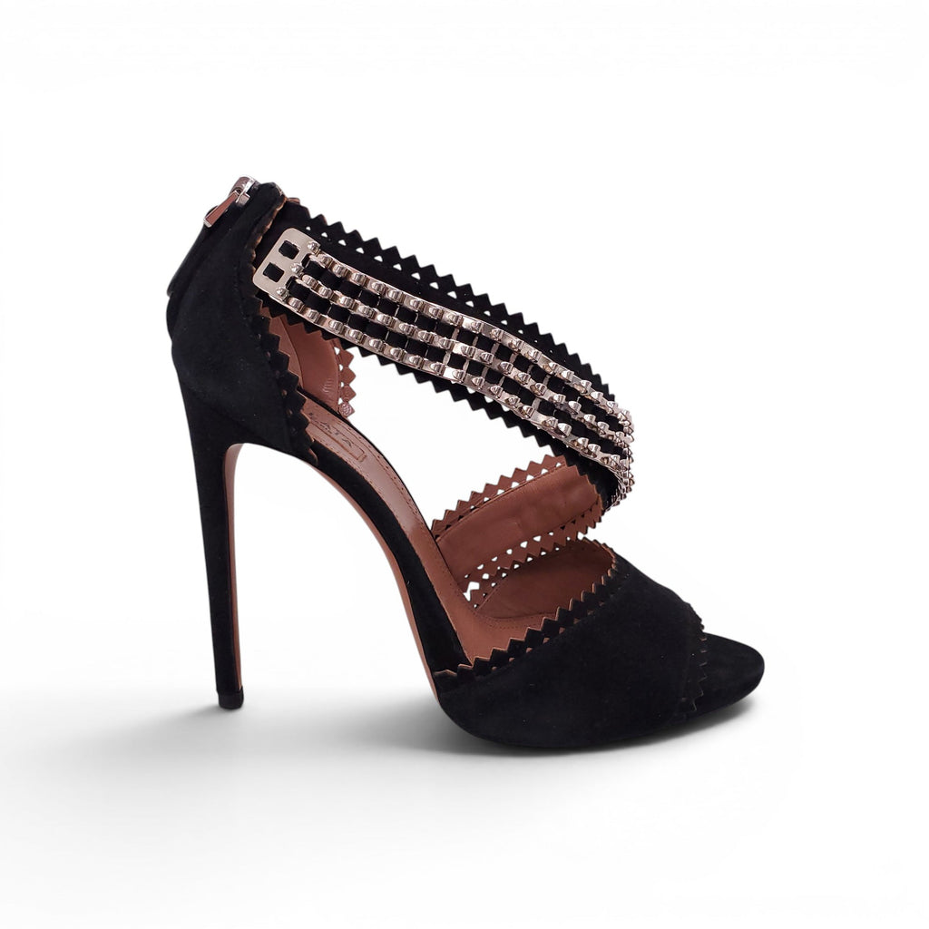 ALAÏA BLACK SUEDE CUTOUT HEELS WITH SILVER STUDDED DETAIL - SIZE 40