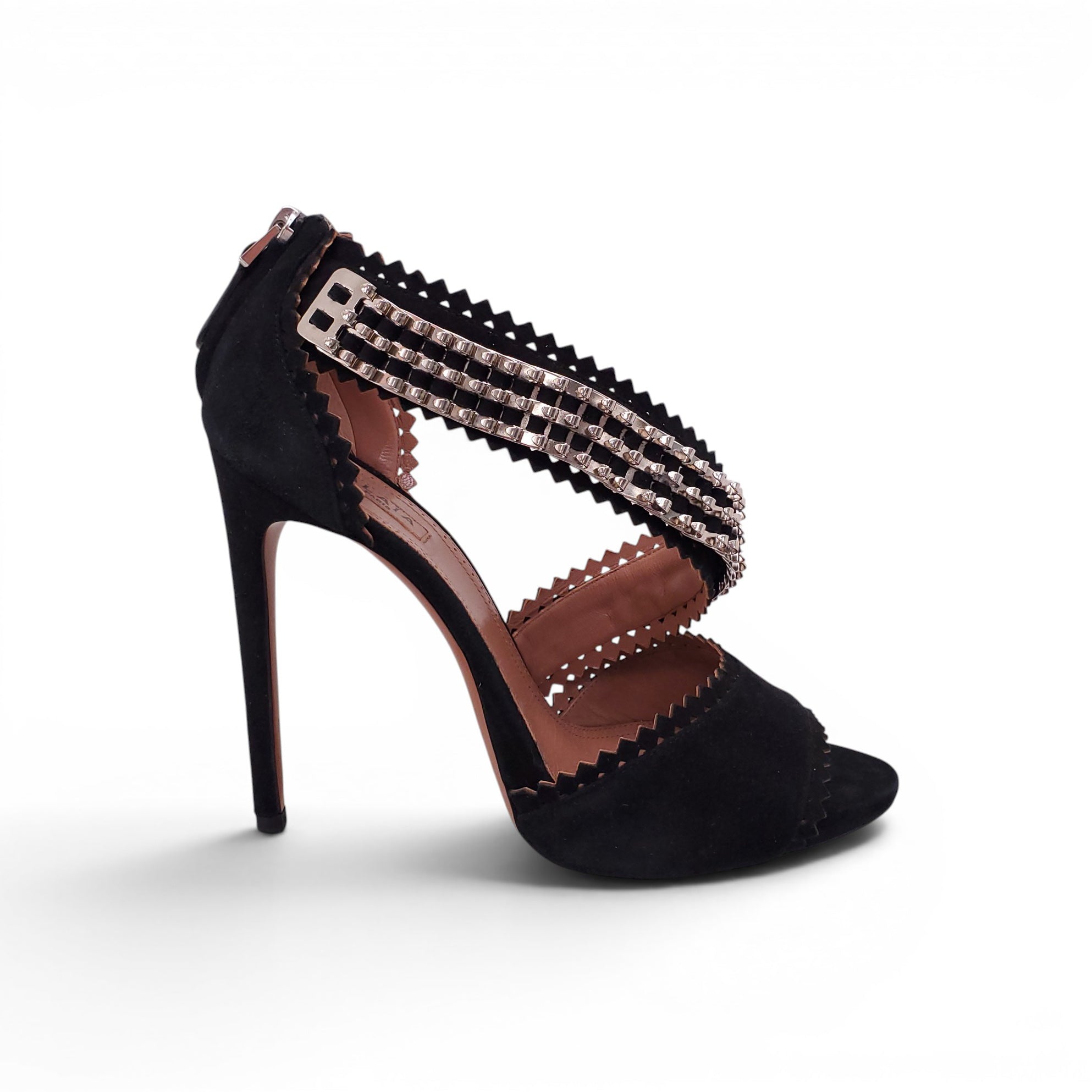 ALAÏA BLACK SUEDE CUTOUT HEELS WITH SILVER STUDDED DETAIL - SIZE 40