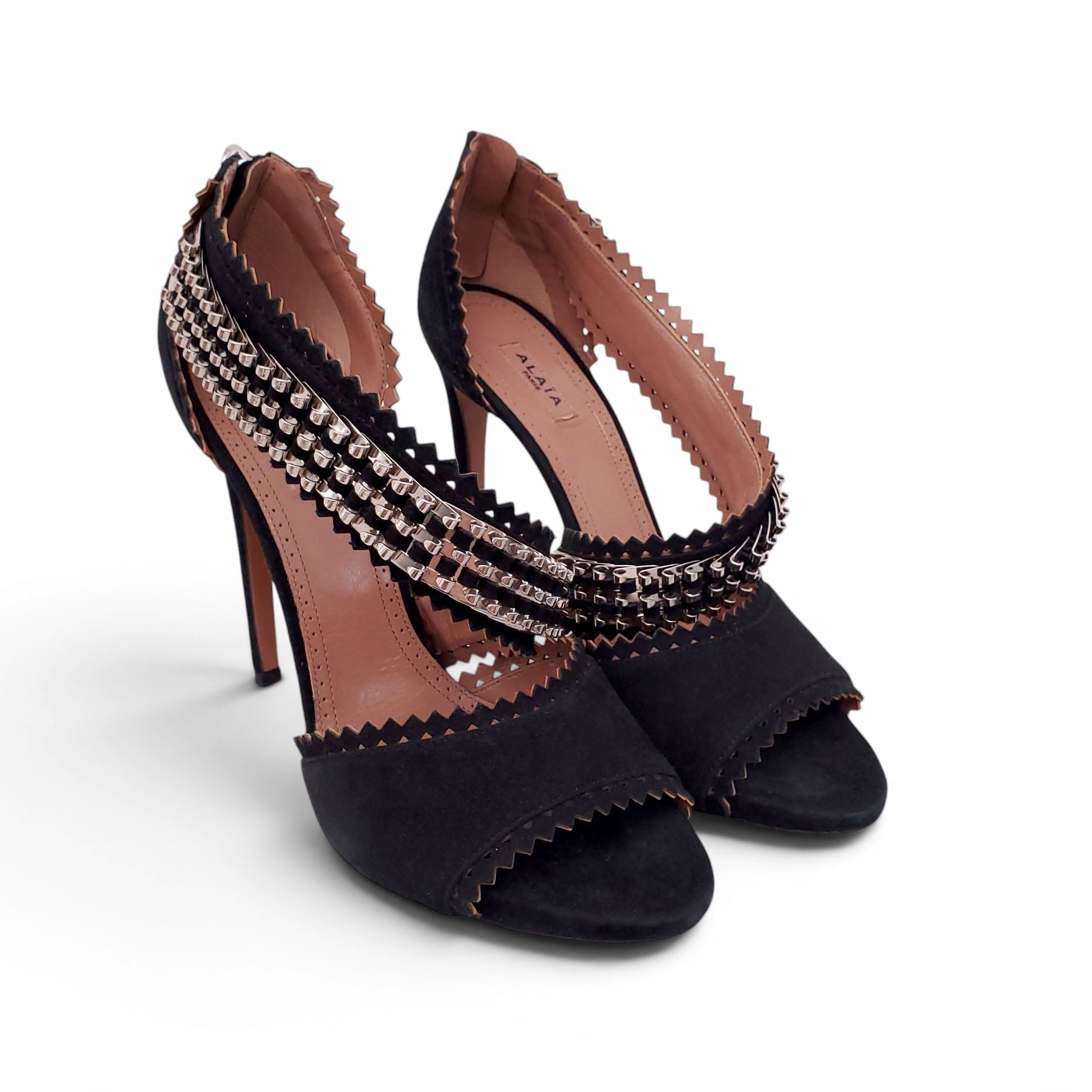 ALAÏA BLACK SUEDE CUTOUT HEELS WITH SILVER STUDDED DETAIL - SIZE 40