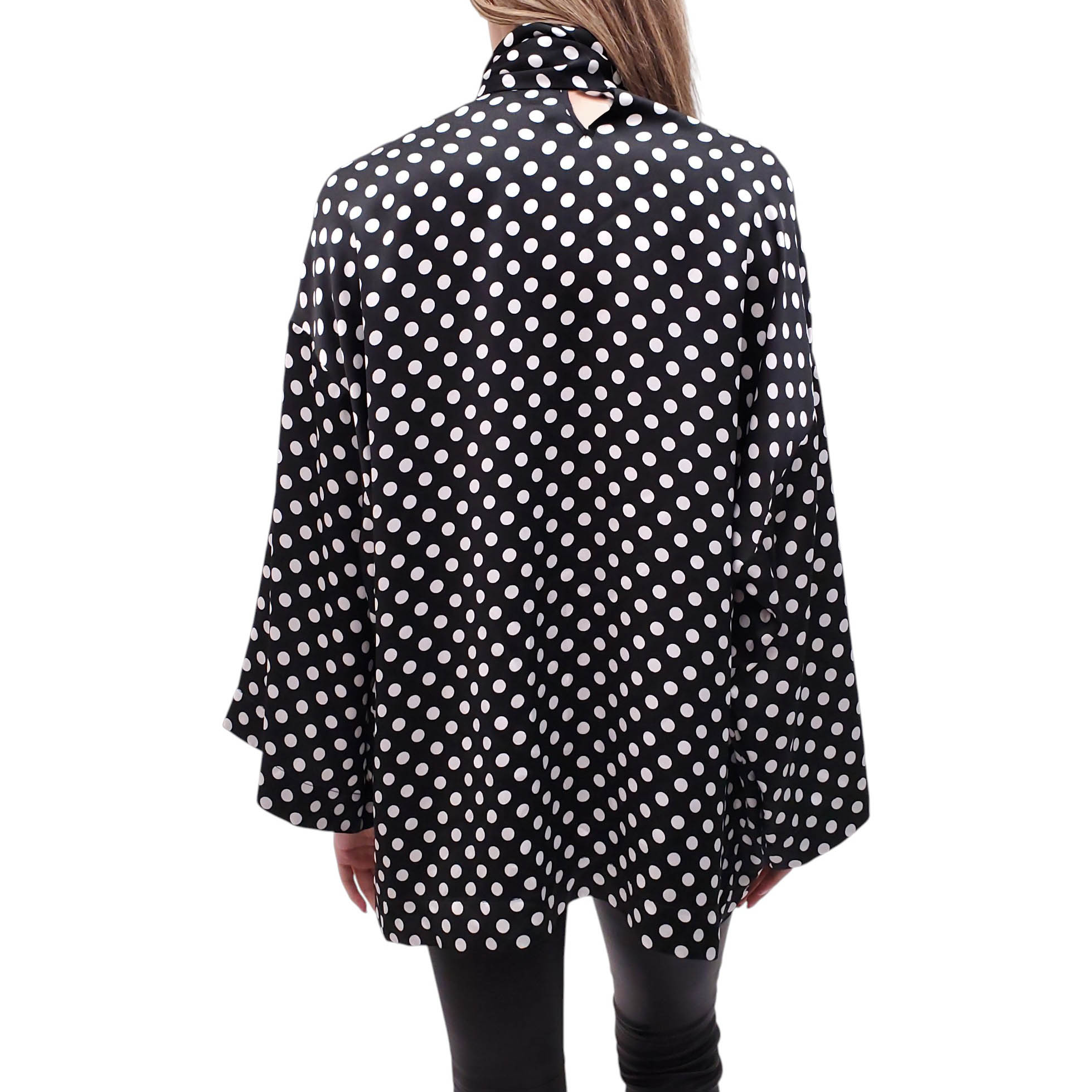 SAINT LAURENT BLACK AND WHITE OVERSIZED POLKA DOT SATIN TIE-NECK BLOUSE - SIZE 38