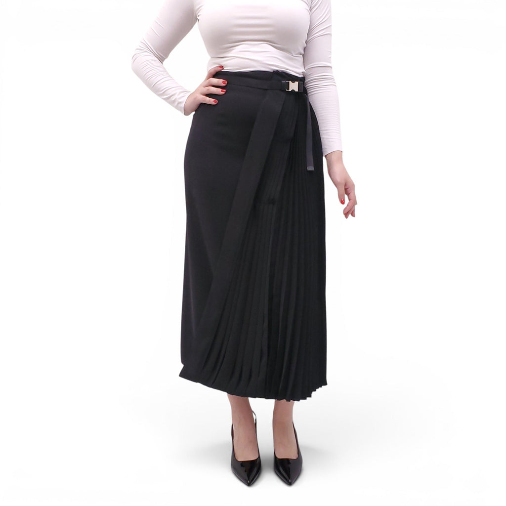 PRADA BLACK RE-NYLON PLEATED SKIRT WITH BELT DETAIL - SIZE 40