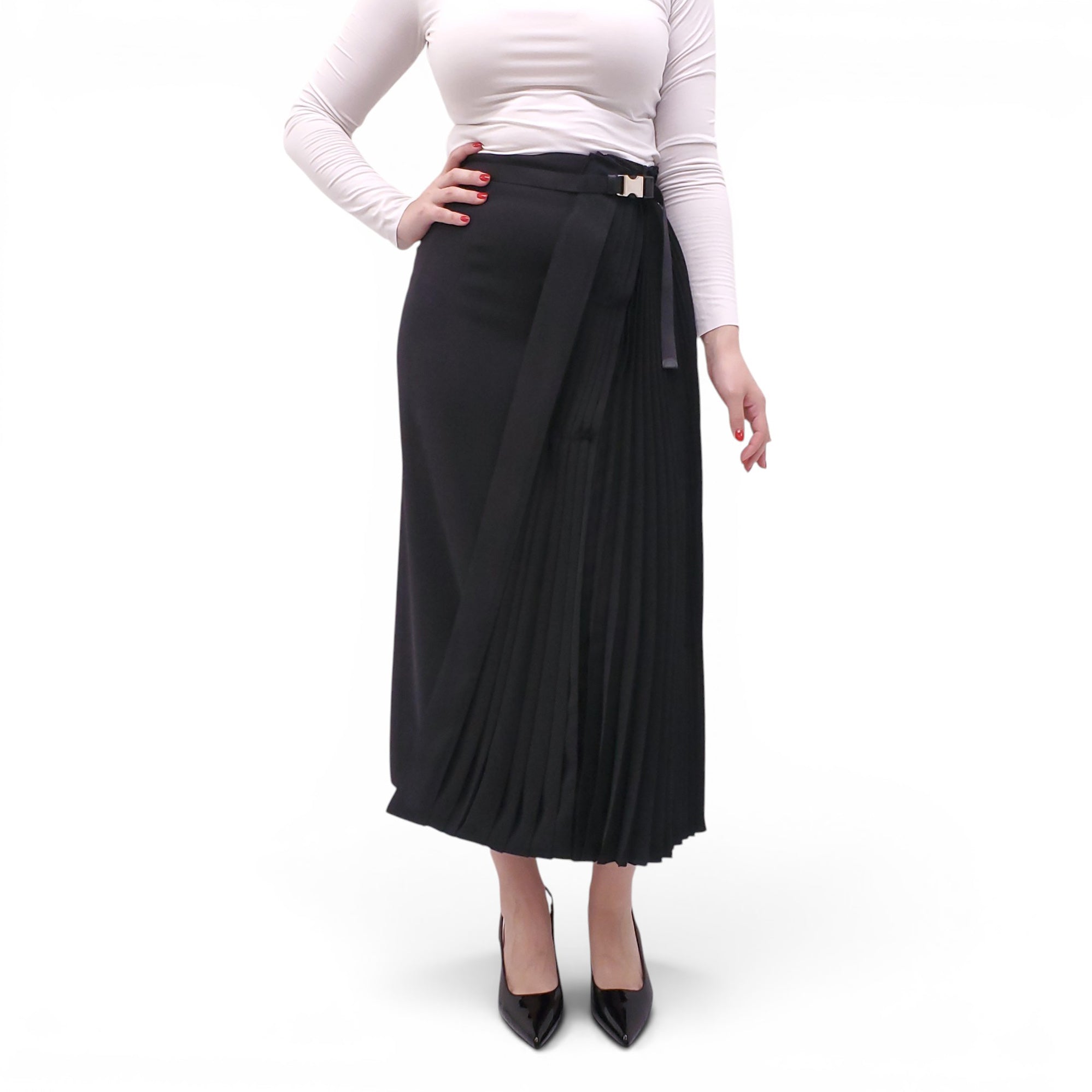 PRADA BLACK RE-NYLON PLEATED SKIRT WITH BELT DETAIL - SIZE 40