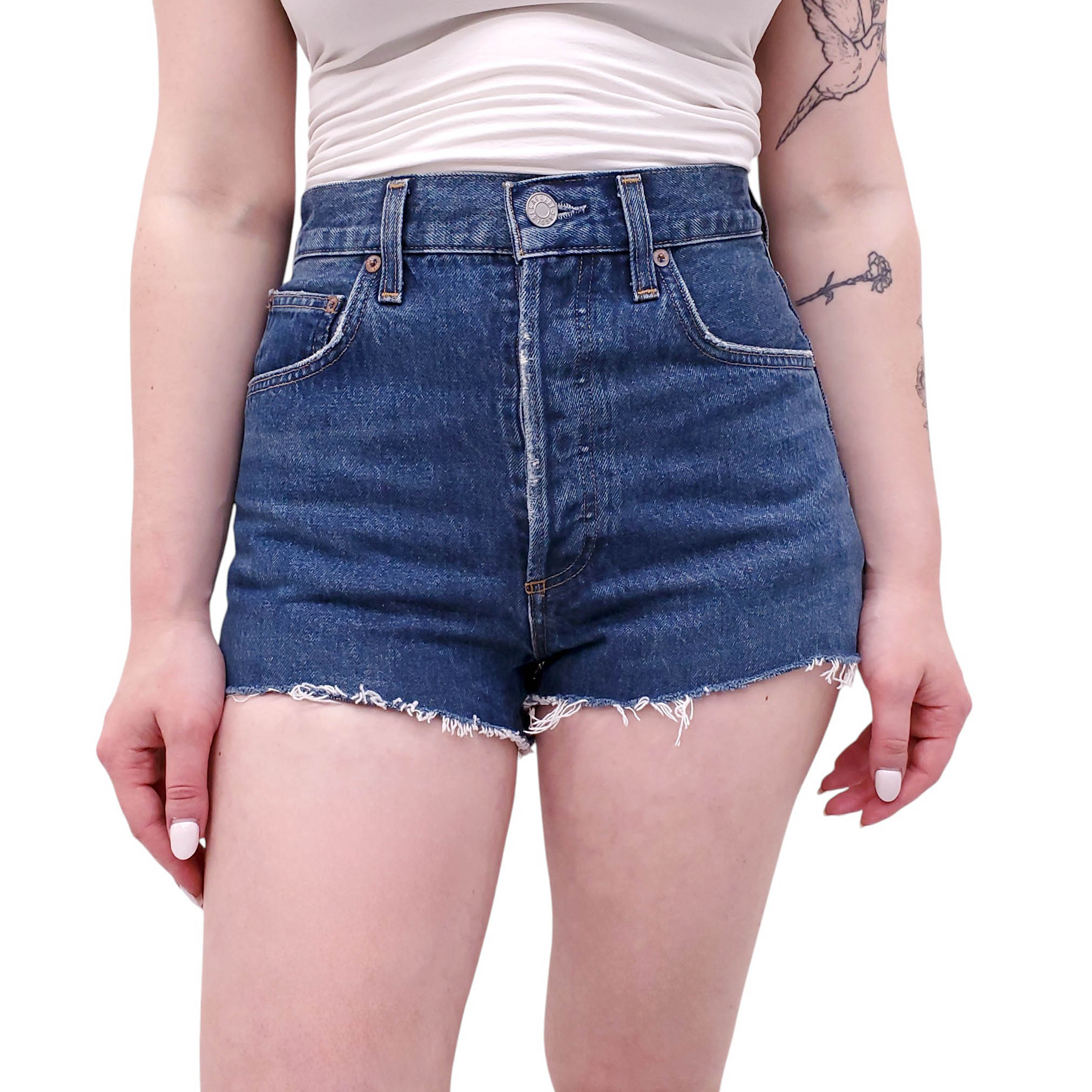 AGOLDE MEDIUM WASH BUTTON-UP DENIM SHORTS - SIZE 25