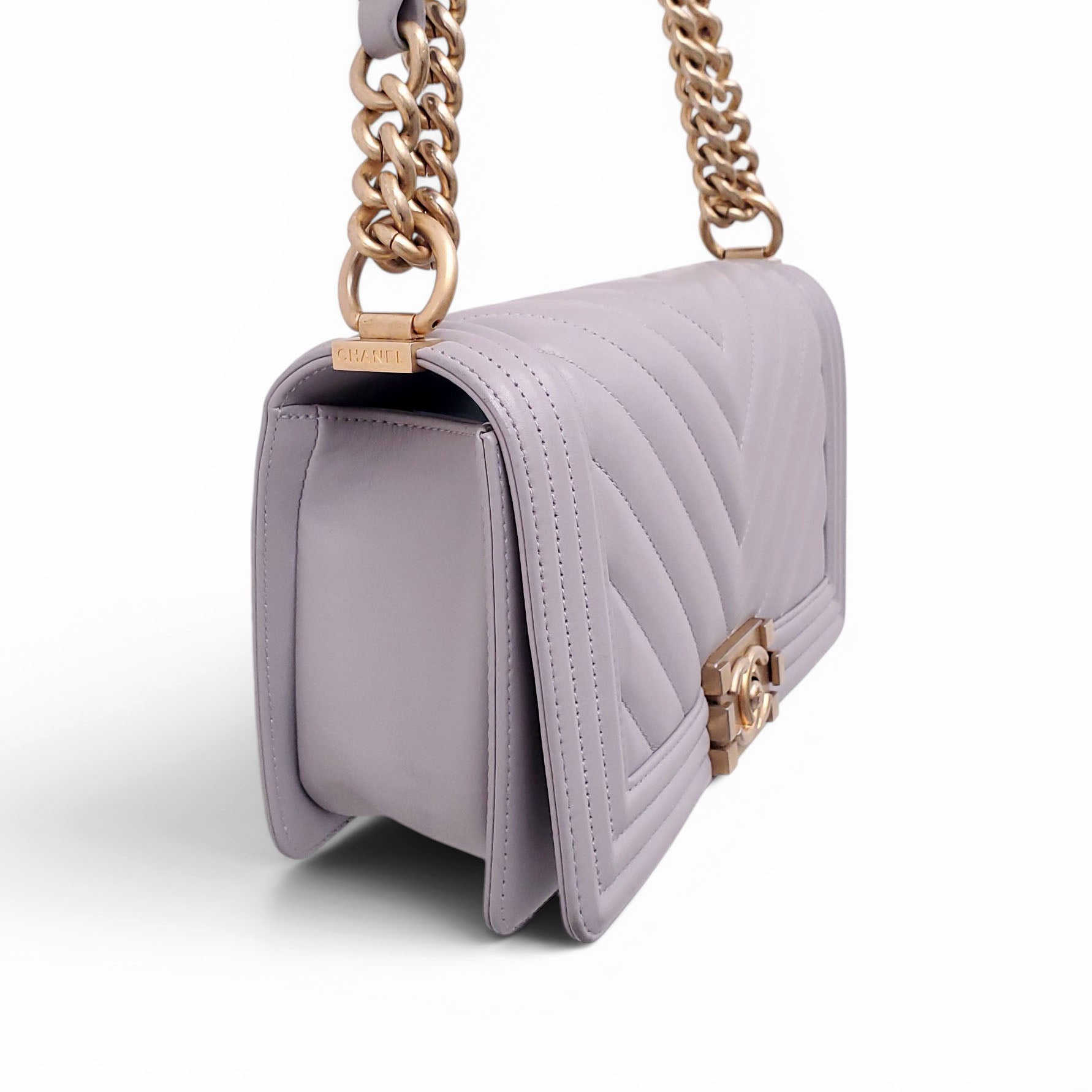 CHANEL GREY LEATHER CHEVRON BOY BAG