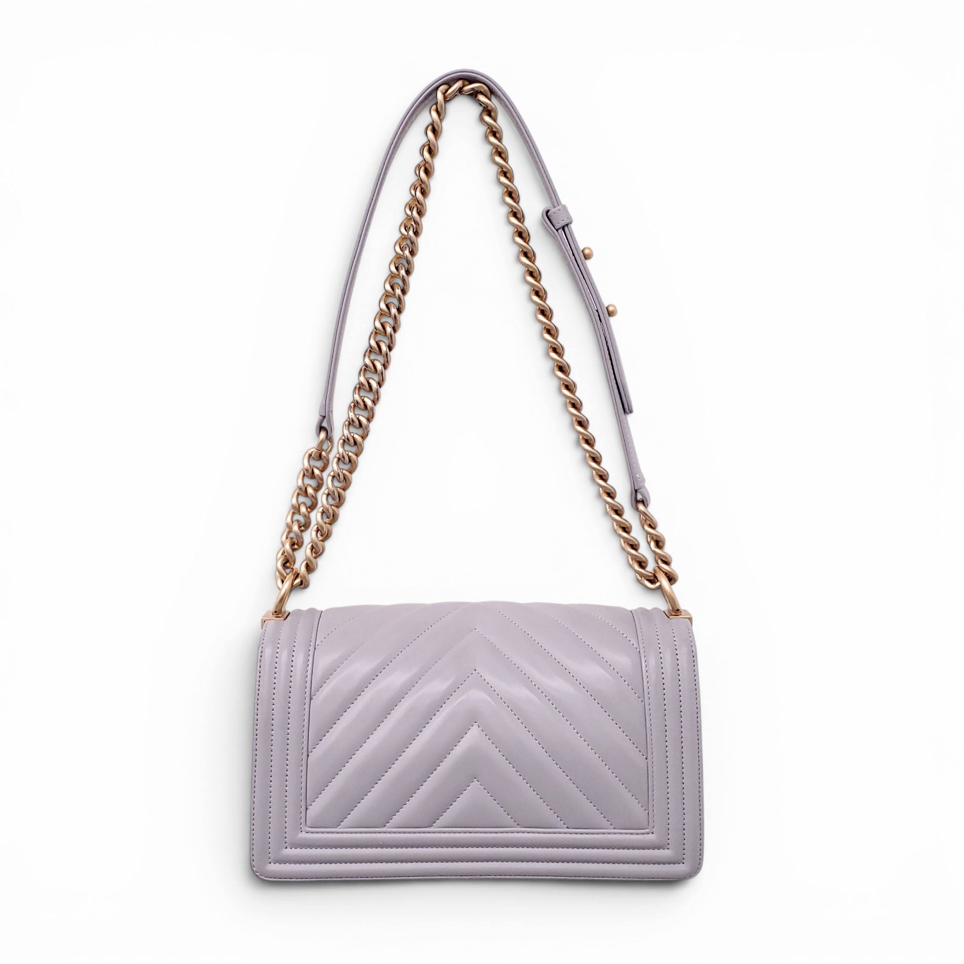 CHANEL GREY LEATHER CHEVRON BOY BAG