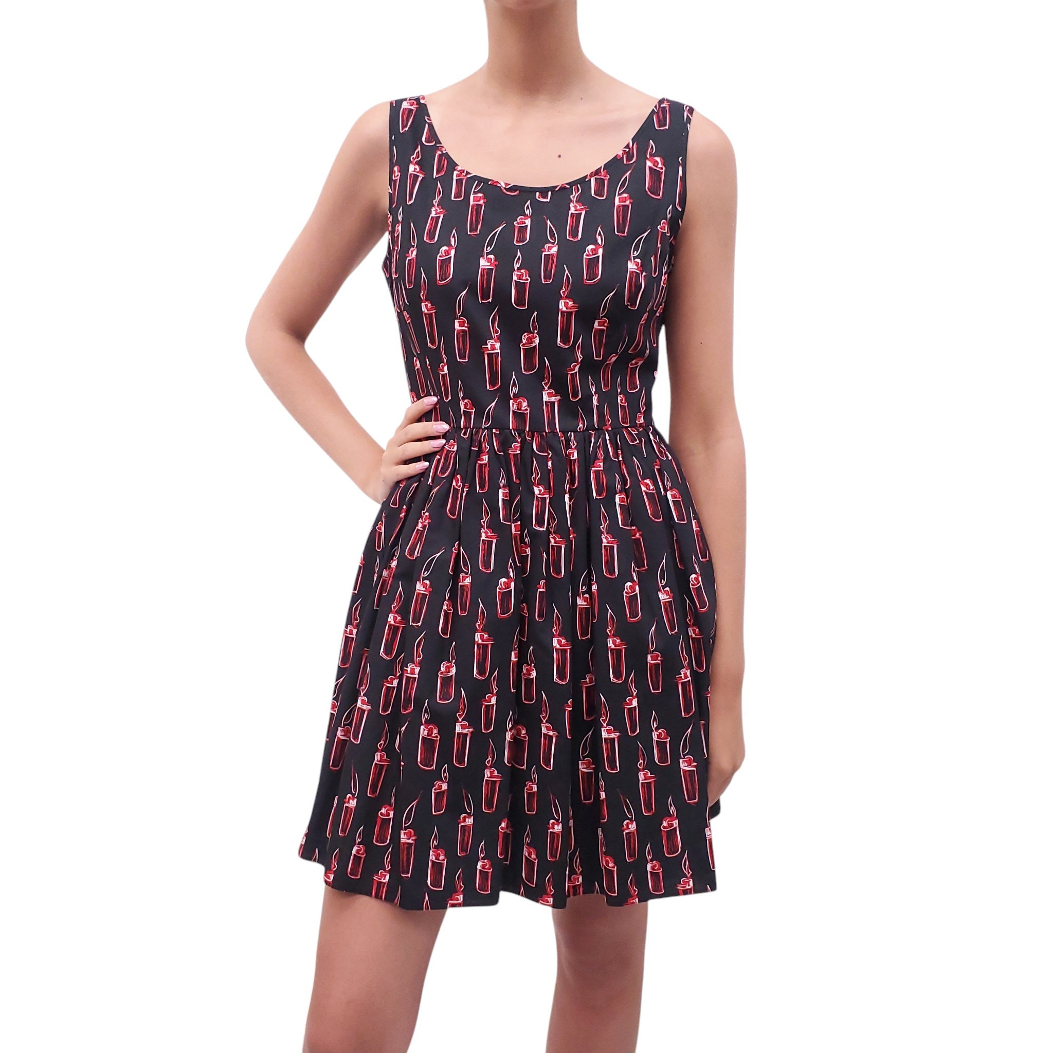MIU MIU BLACK AND RED LIGHTER PRINT DRESS - SIZE 42