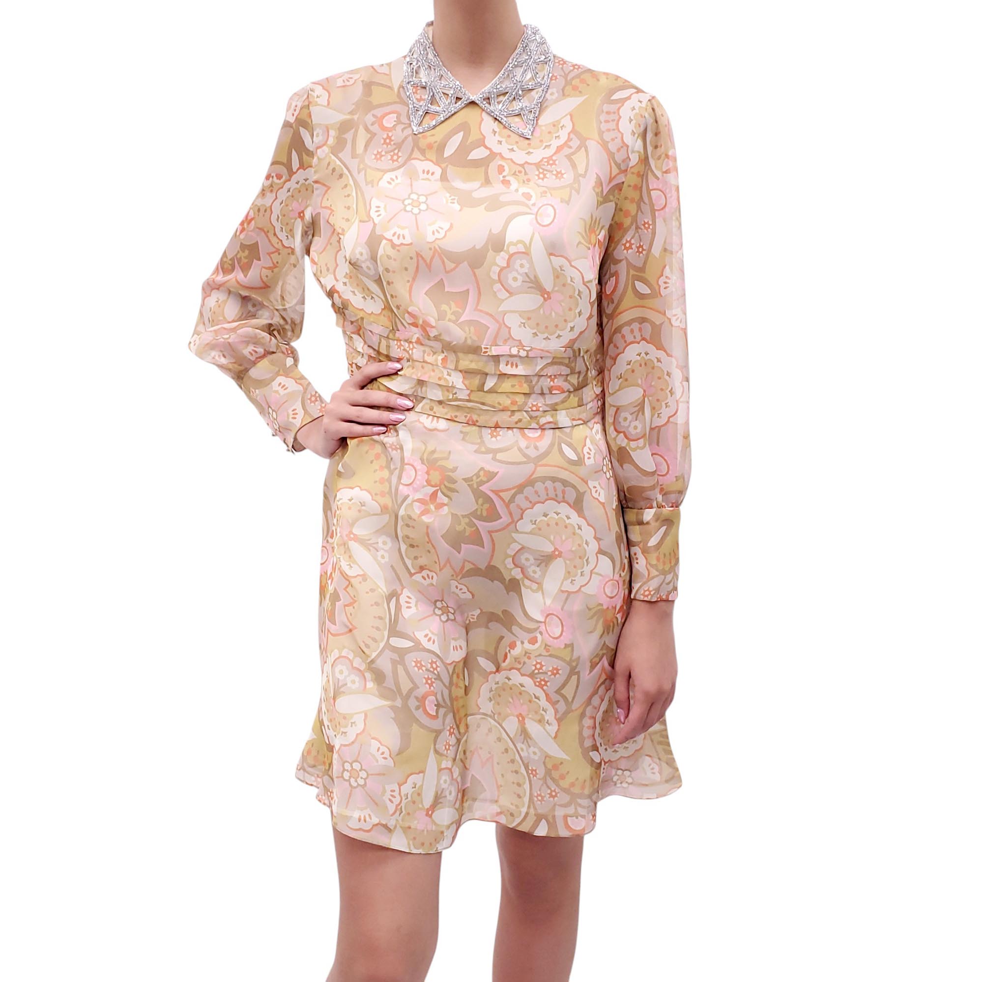 MIU MIU PATTERNED SILK DRESS WITH CRYSTAL NECKLINE - SIZE 46