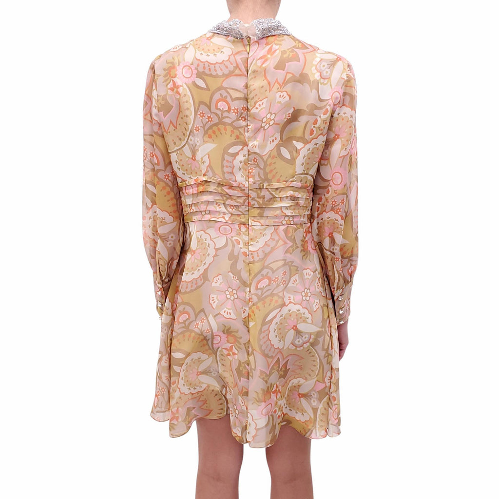 MIU MIU PATTERNED SILK DRESS WITH CRYSTAL NECKLINE - SIZE 46