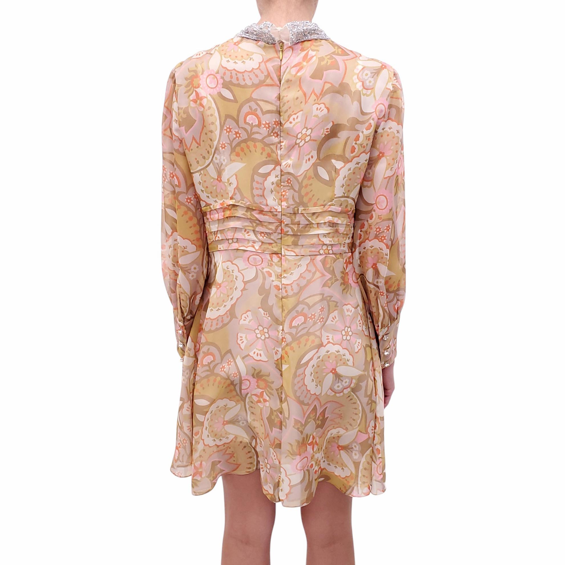MIU MIU PATTERNED SILK DRESS WITH CRYSTAL NECKLINE - SIZE 46