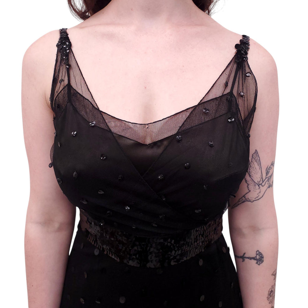 VINTAGE BLACK SEQUIN AND TULLE GOWN - SIZE XS