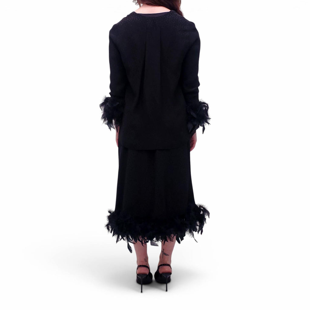 VINTAGE BLACK POLKA DOT FEATHER JACKET AND SKIRT SUIT