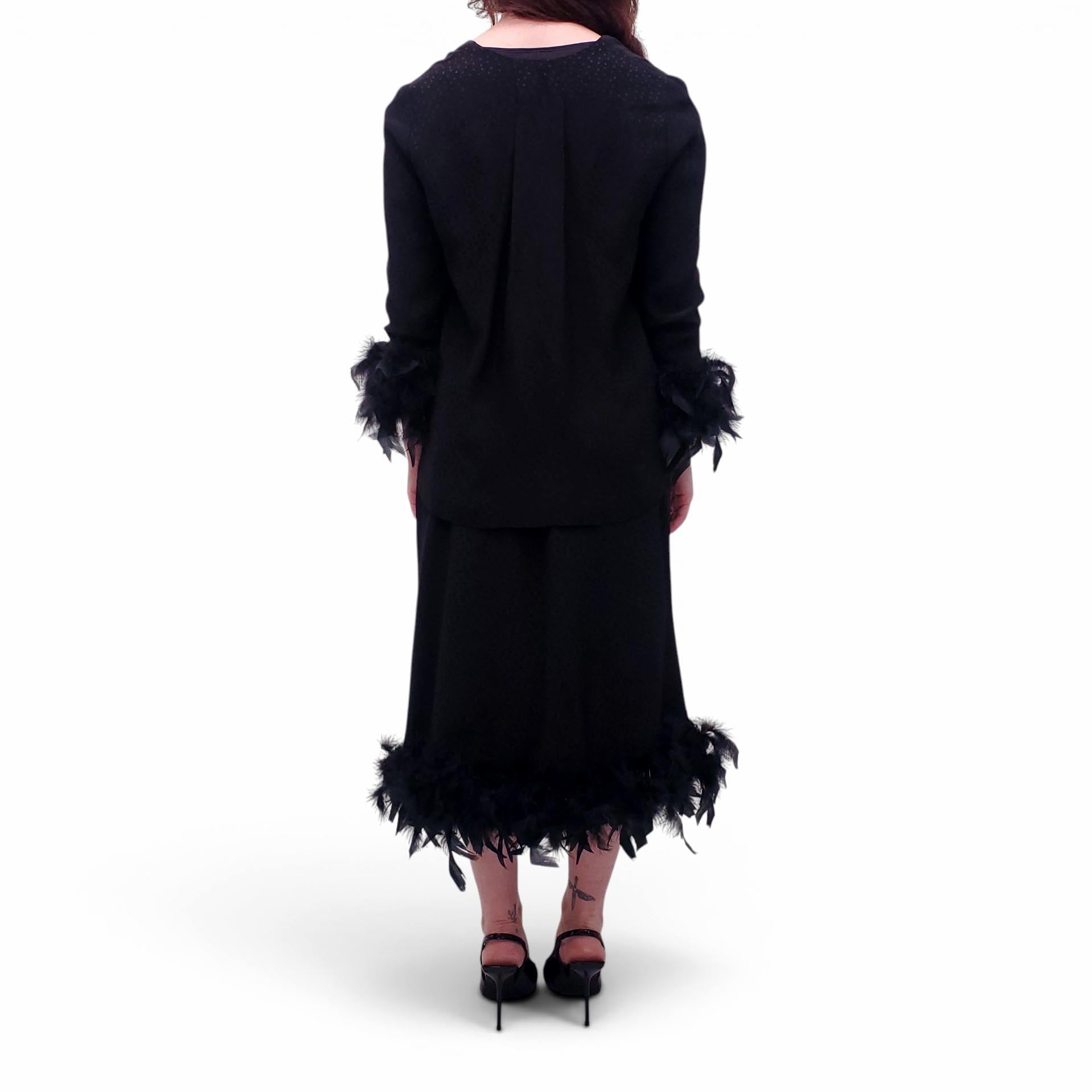 VINTAGE BLACK POLKA DOT FEATHER JACKET AND SKIRT SUIT
