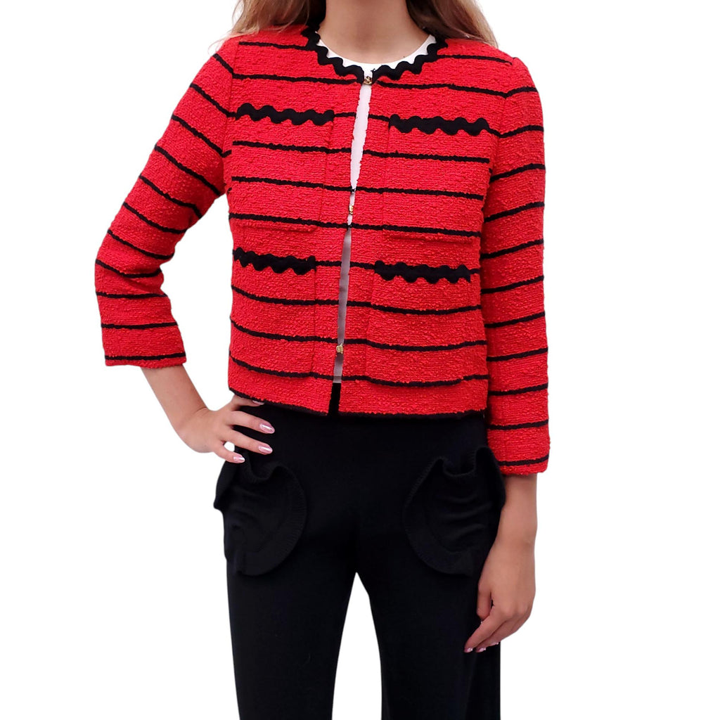 SONIA RYKIEL RED TWEED JACKET WITH BLACK SQUIGGLE DETAILS - SIZE S