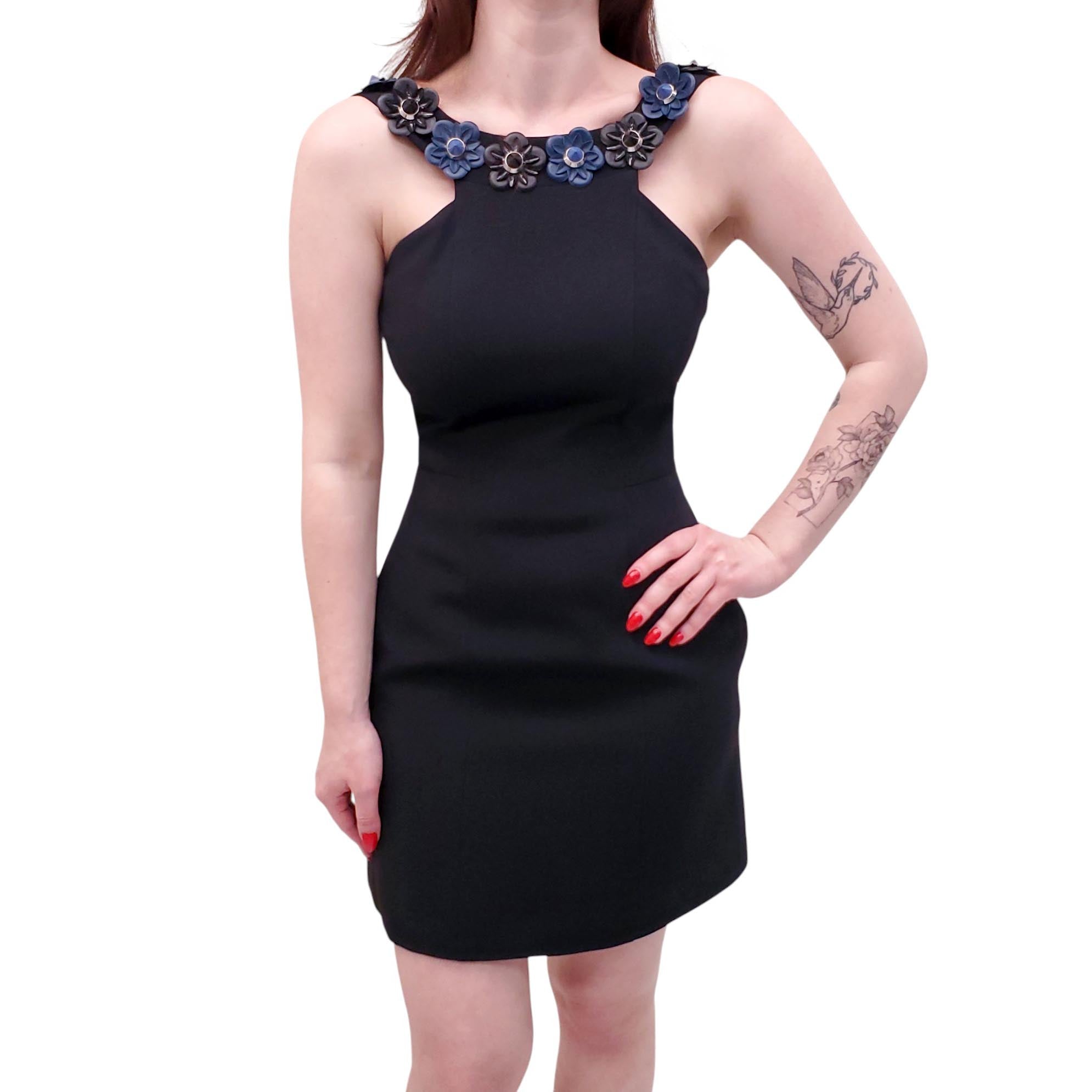 FENDI BLACK DRESS WITH LEATHER FLORAL DETAILS - SIZE 38