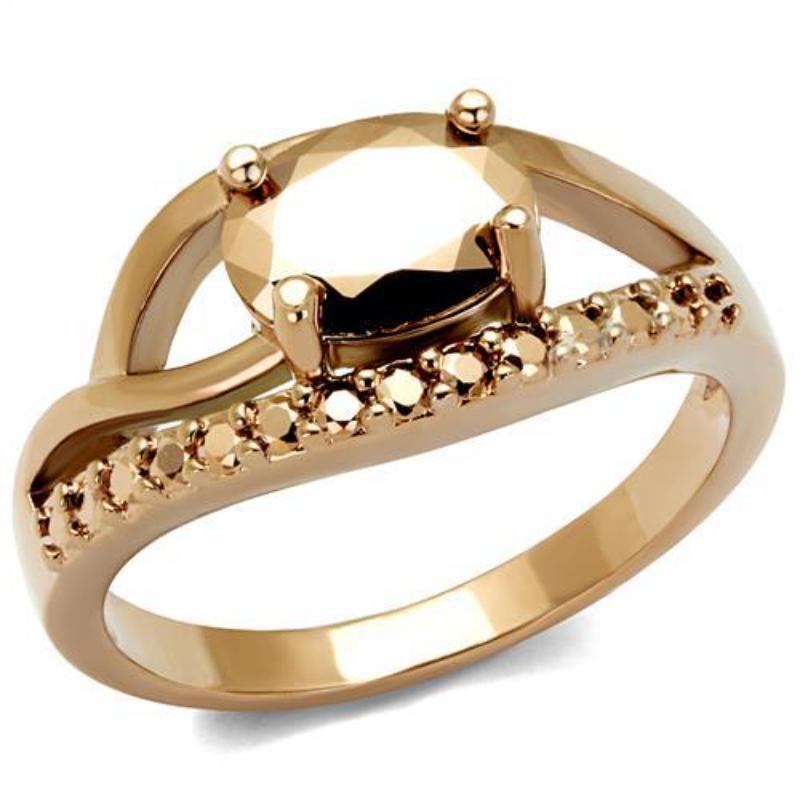 IP Rose Gold(Ion Plating) Brass Ring with AAA Grade CZ in Metallic Light Gold