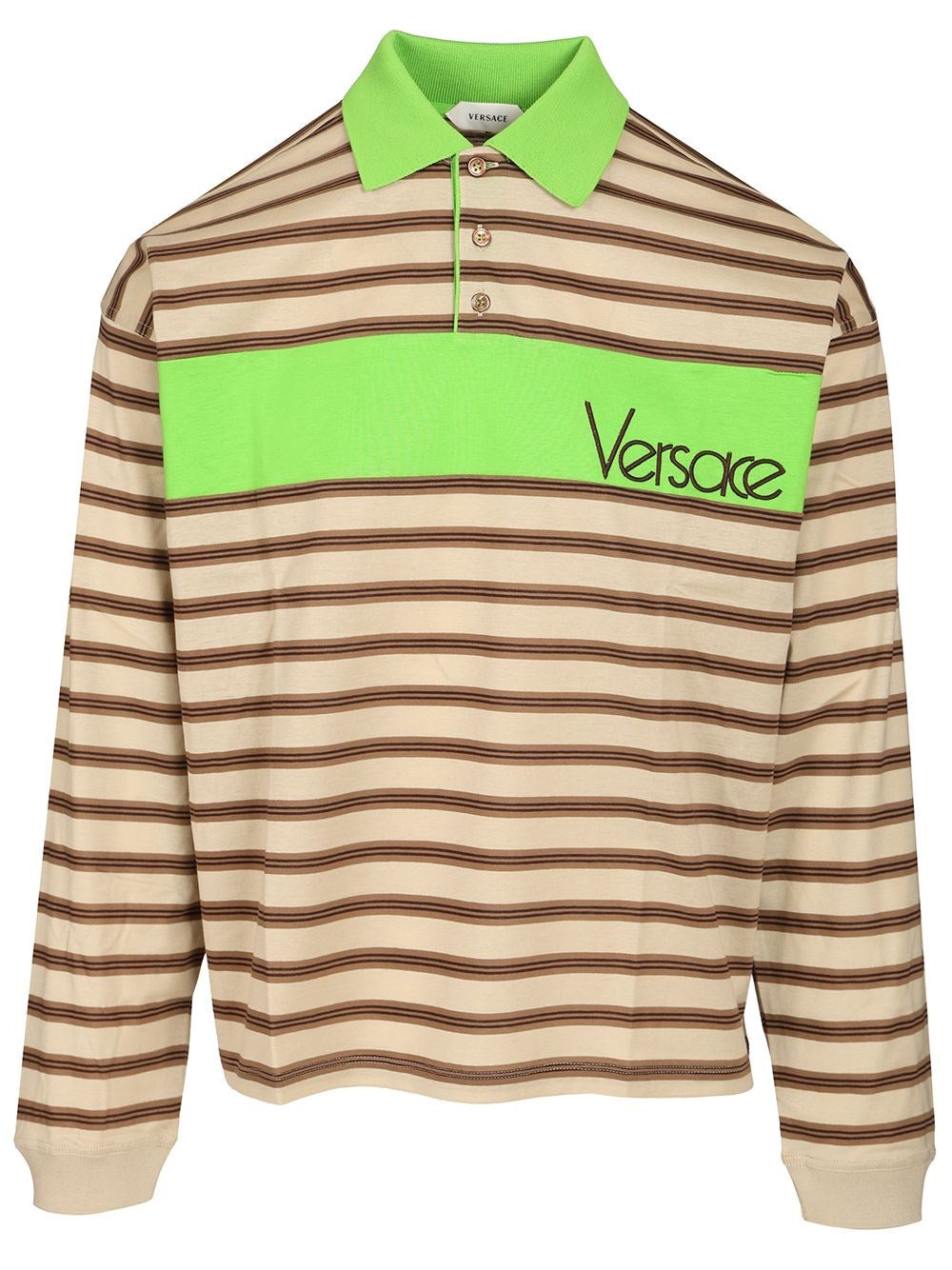 Versace Men Striped Cotton Polo Shirt With Inlay