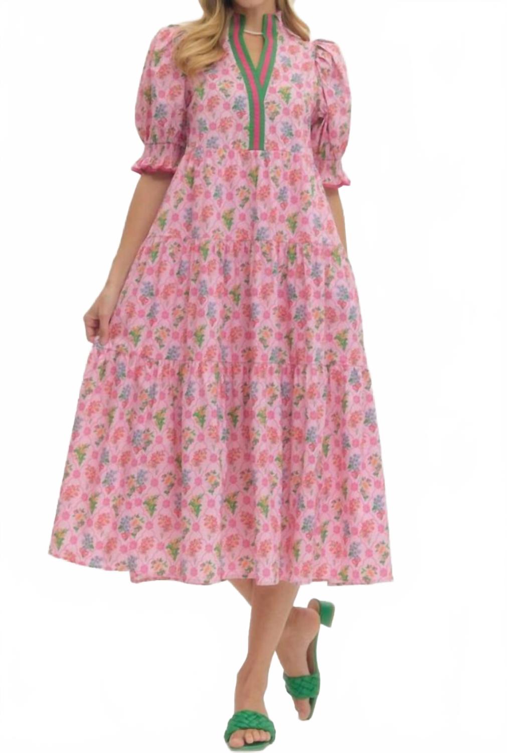 Floral Print Puff Sleeve Midi Dress In Pink Multi