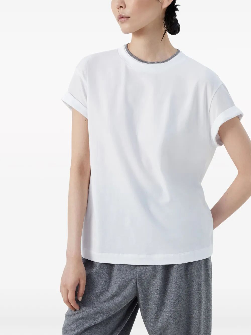 Brunello Cucinelli Women Stretch Cotton Jersey T-Shirt With Precious Faux Layering