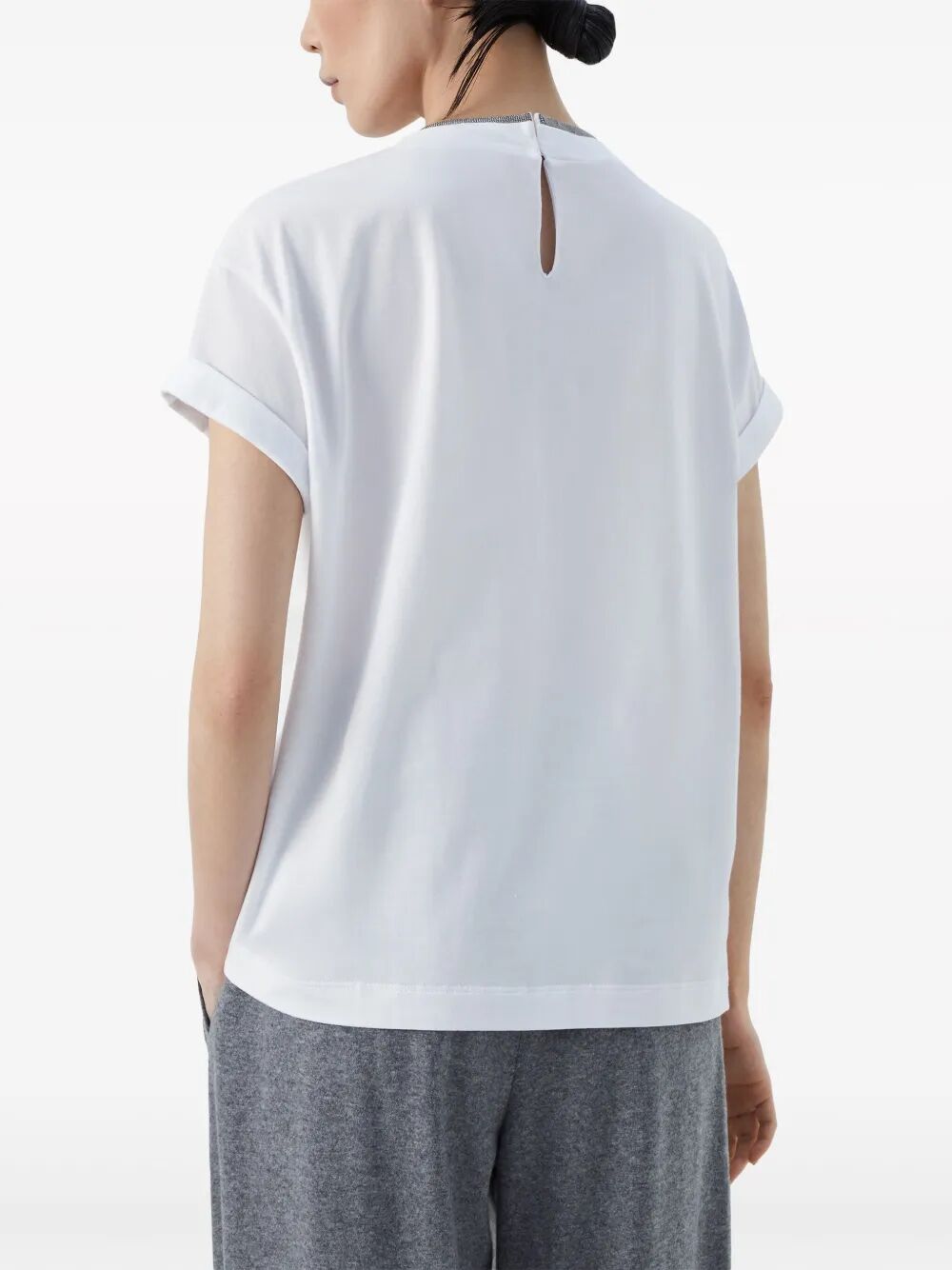 Brunello Cucinelli Women Stretch Cotton Jersey T-Shirt With Precious Faux Layering