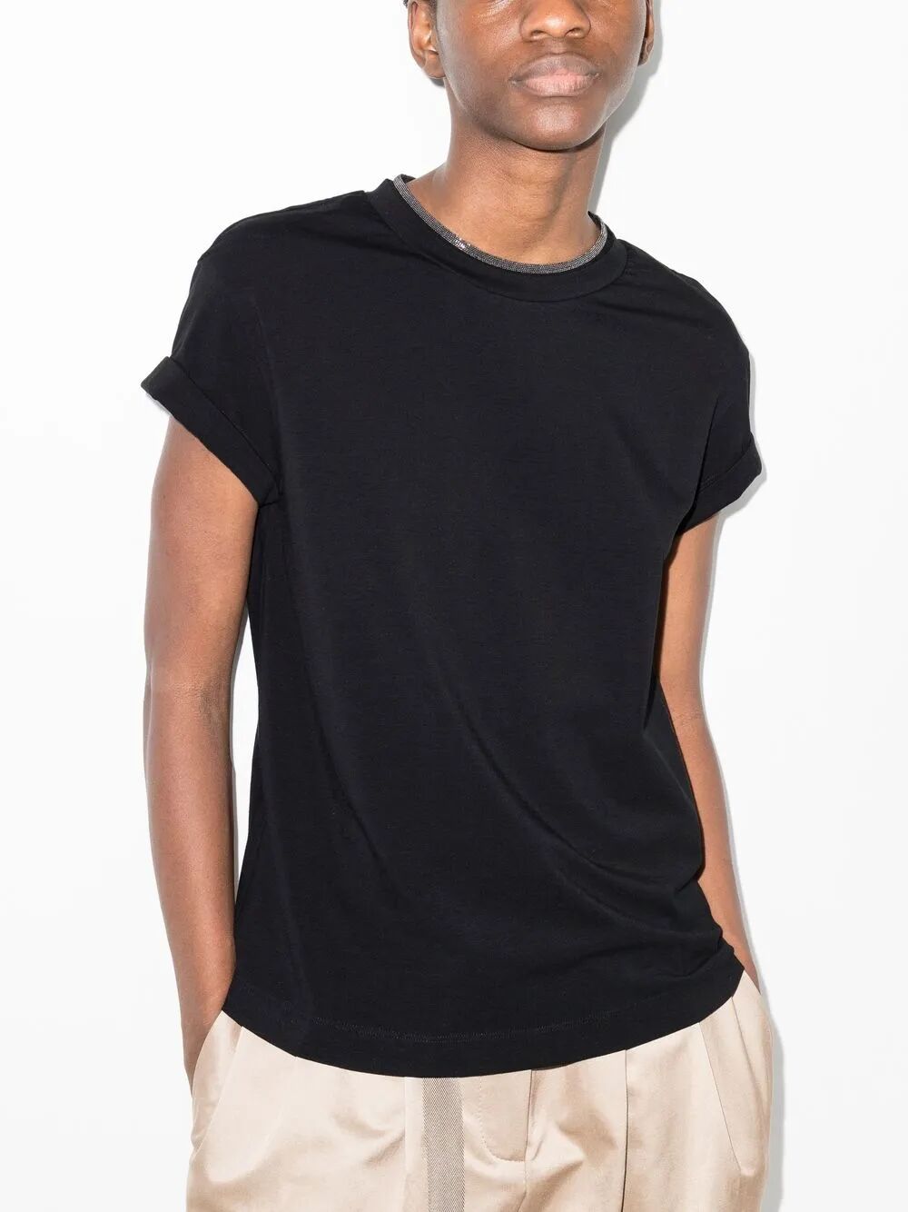 Brunello Cucinelli Women Stretch Cotton Jersey T-Shirt With Precious Faux Layering