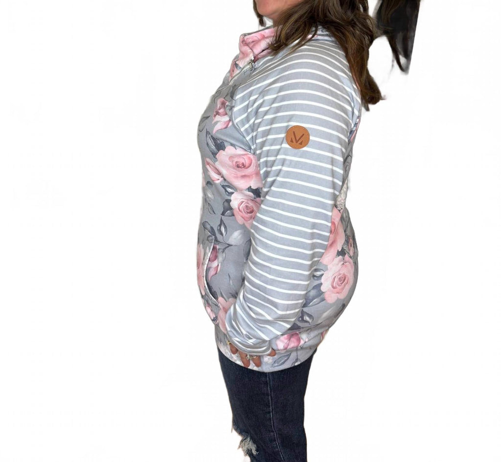 Zoey Zip Cowl Neck Jacket In Gray Floral And Stripe