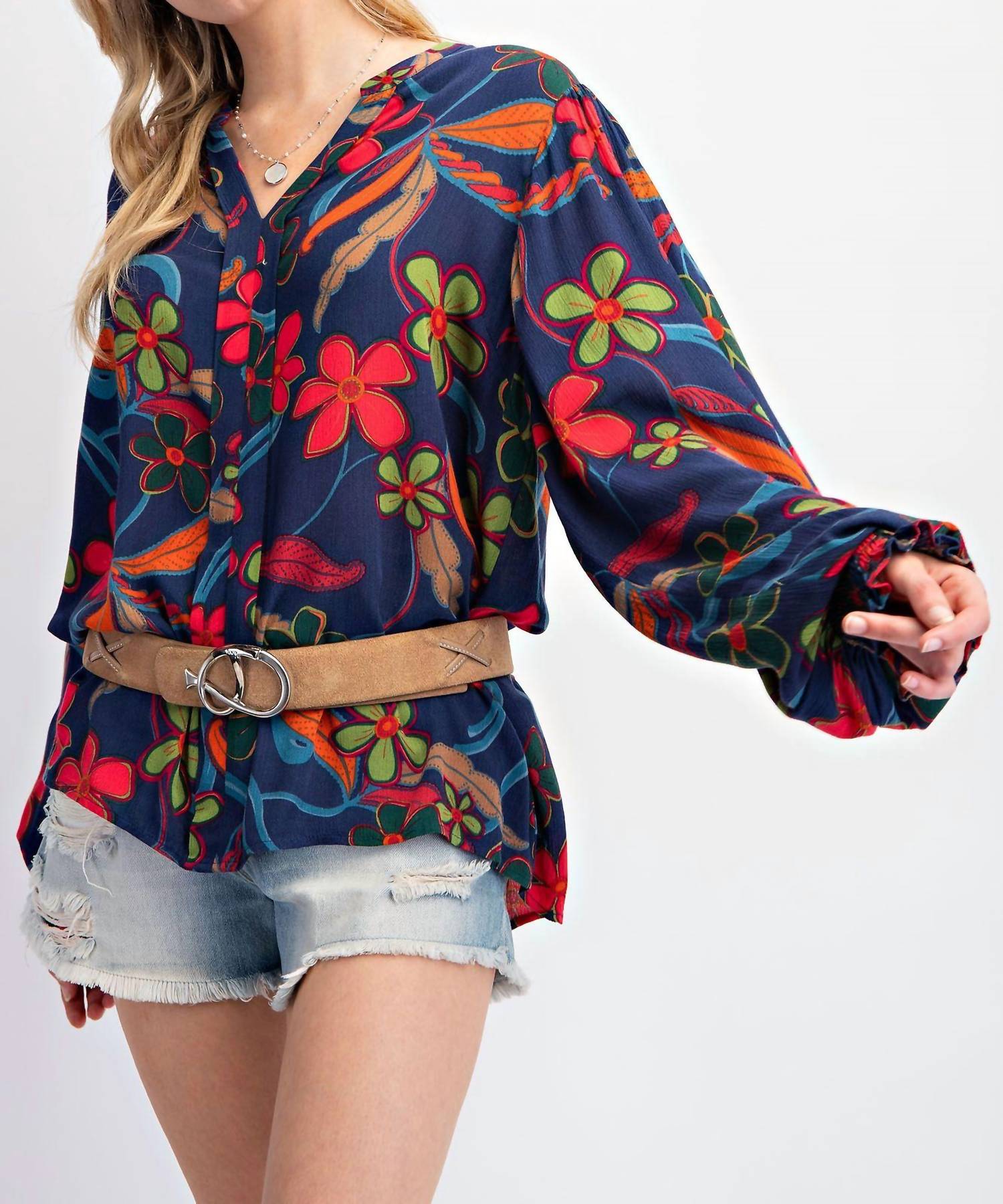 Peach Blossom Floral Gauze Top In Navy