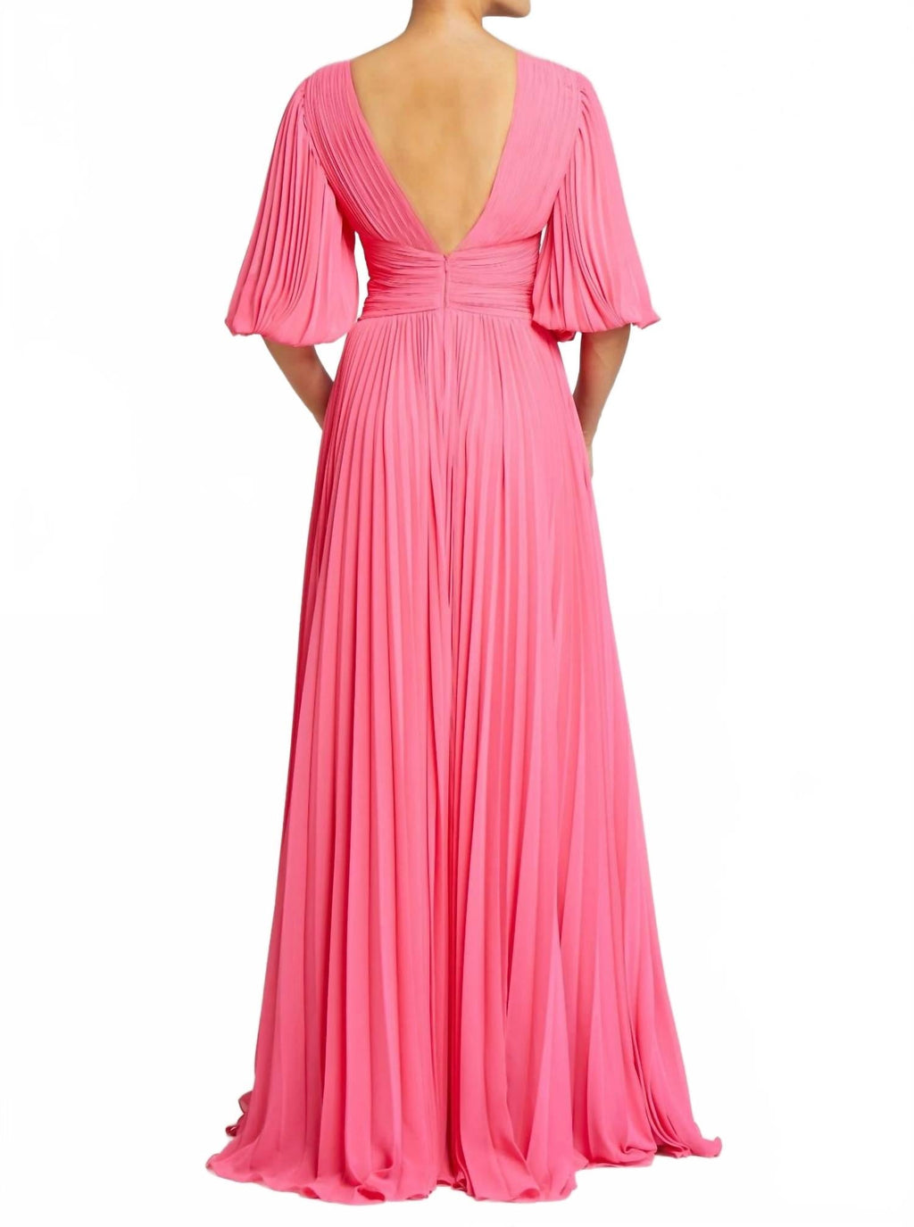 Chiffon Puff Sleeve Pleated Vneck Gown In Watermelon