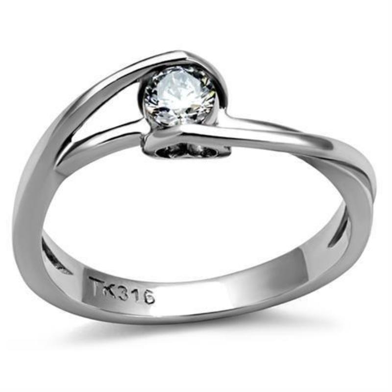 High polished (no plating) Stainless Steel Ring with AAA Grade CZ in Clear
