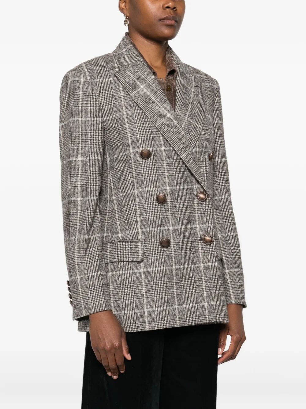 Brunello Cucinelli Women Alpaca And Wool Prince Of Wales Double-Breasted Blazer With Monili