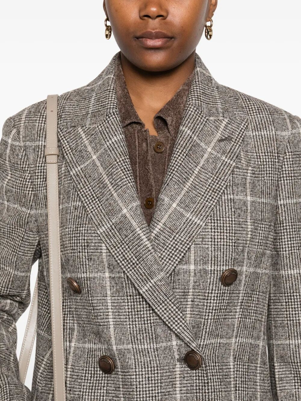 Brunello Cucinelli Women Alpaca And Wool Prince Of Wales Double-Breasted Blazer With Monili