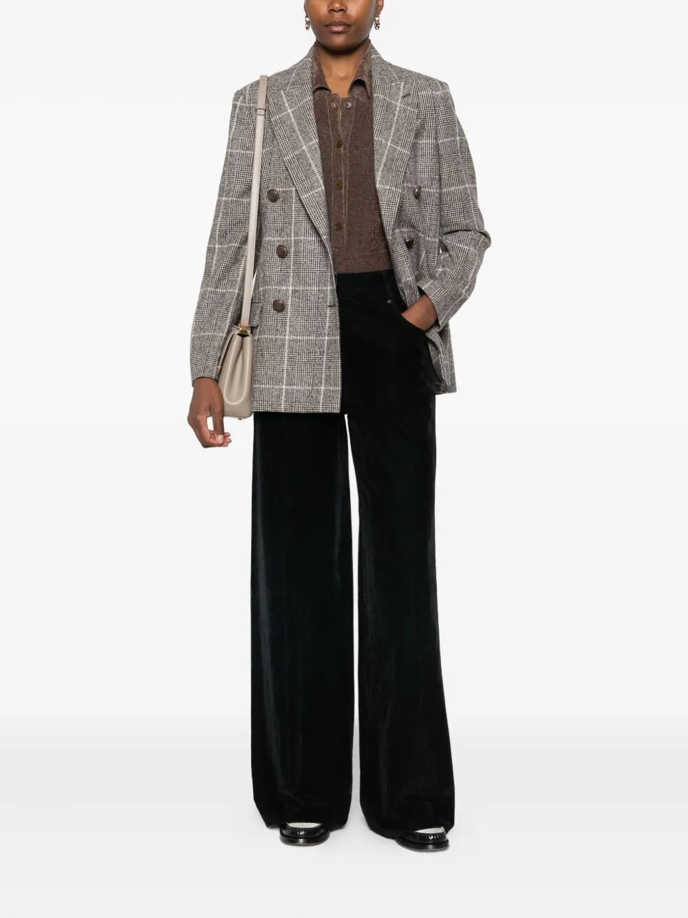Brunello Cucinelli Women Alpaca And Wool Prince Of Wales Double-Breasted Blazer With Monili