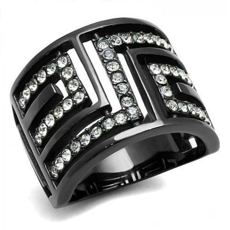 IP Light Black Stainless Steel Ring with Top Grade Crystal in Clear
