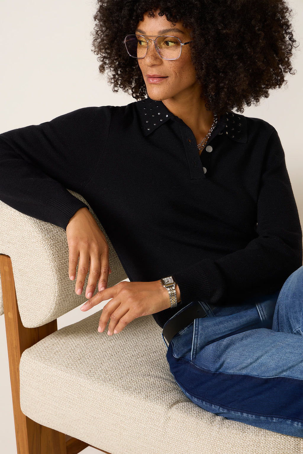 Women's Matty Studded Collar Polo Sweater Top