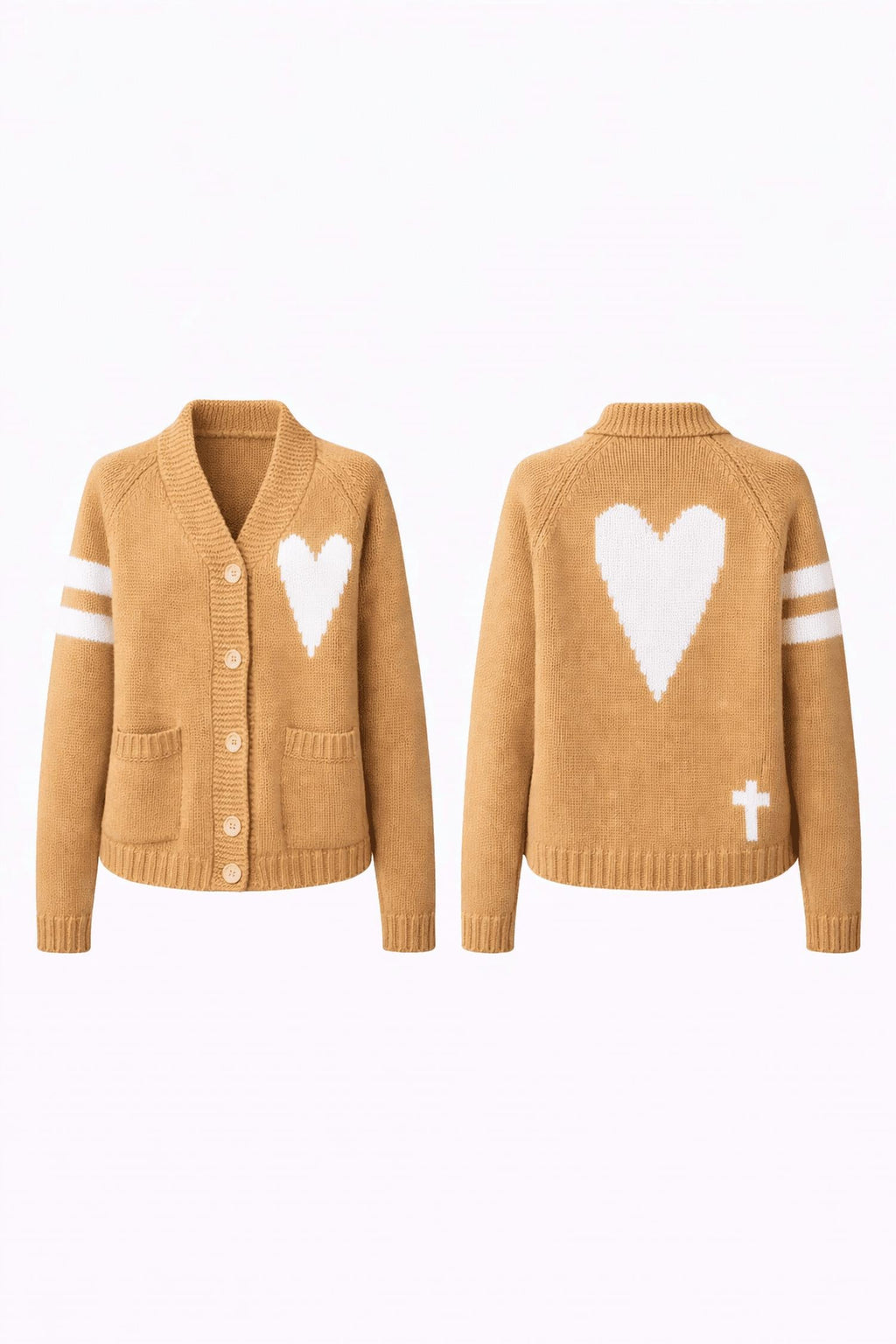 Varsity Chunky Heart Cardigan In Brown/white