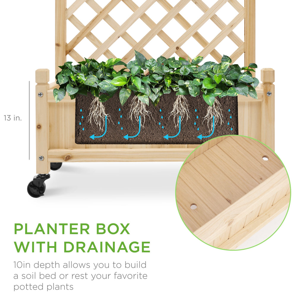 Best Choice Products Set of 2 48in Wood Planter Box & Diamond Lattice Trellis, w/ Drainage, Optional Wheels - Natural