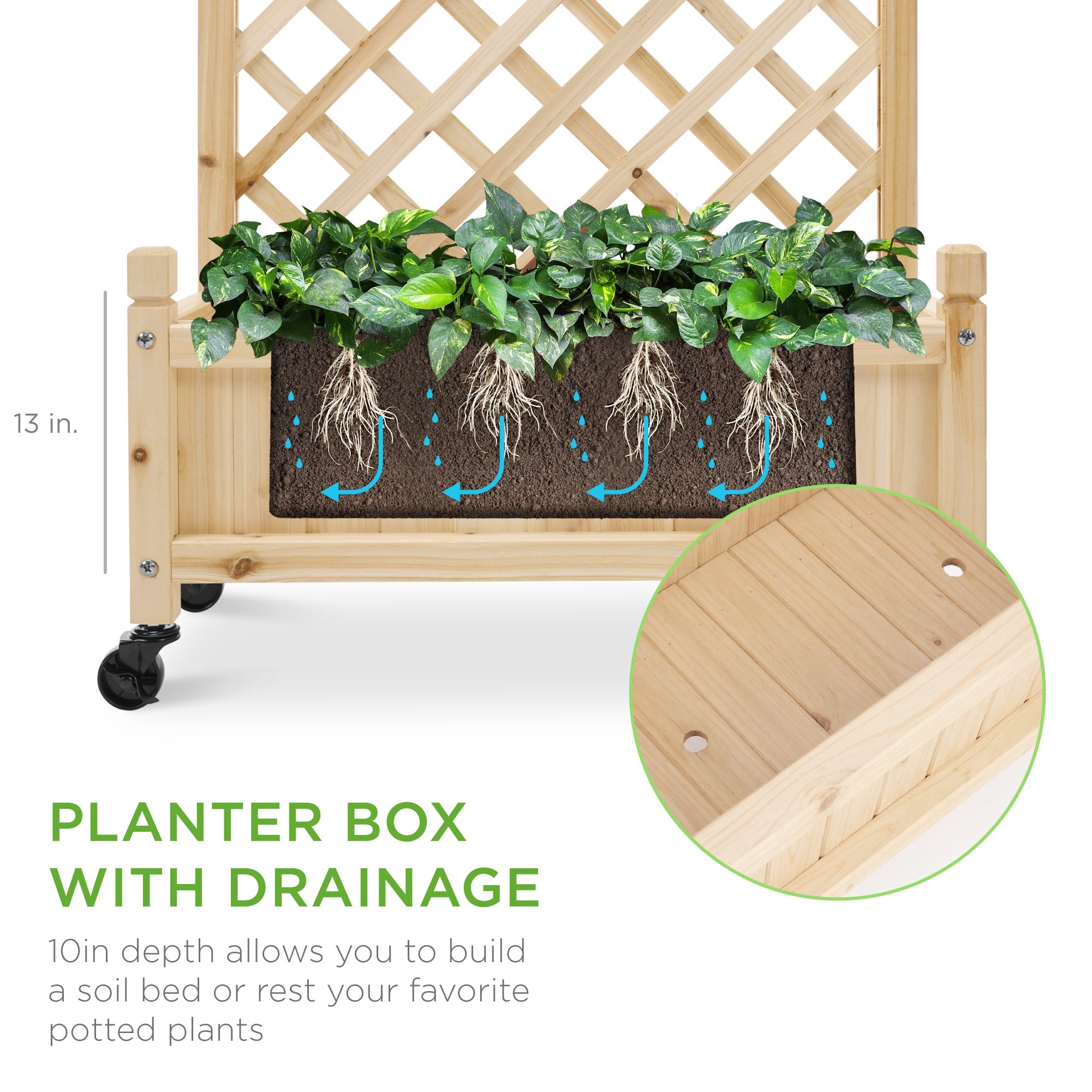 Best Choice Products Set of 2 48in Wood Planter Box & Diamond Lattice Trellis, w/ Drainage, Optional Wheels - Natural
