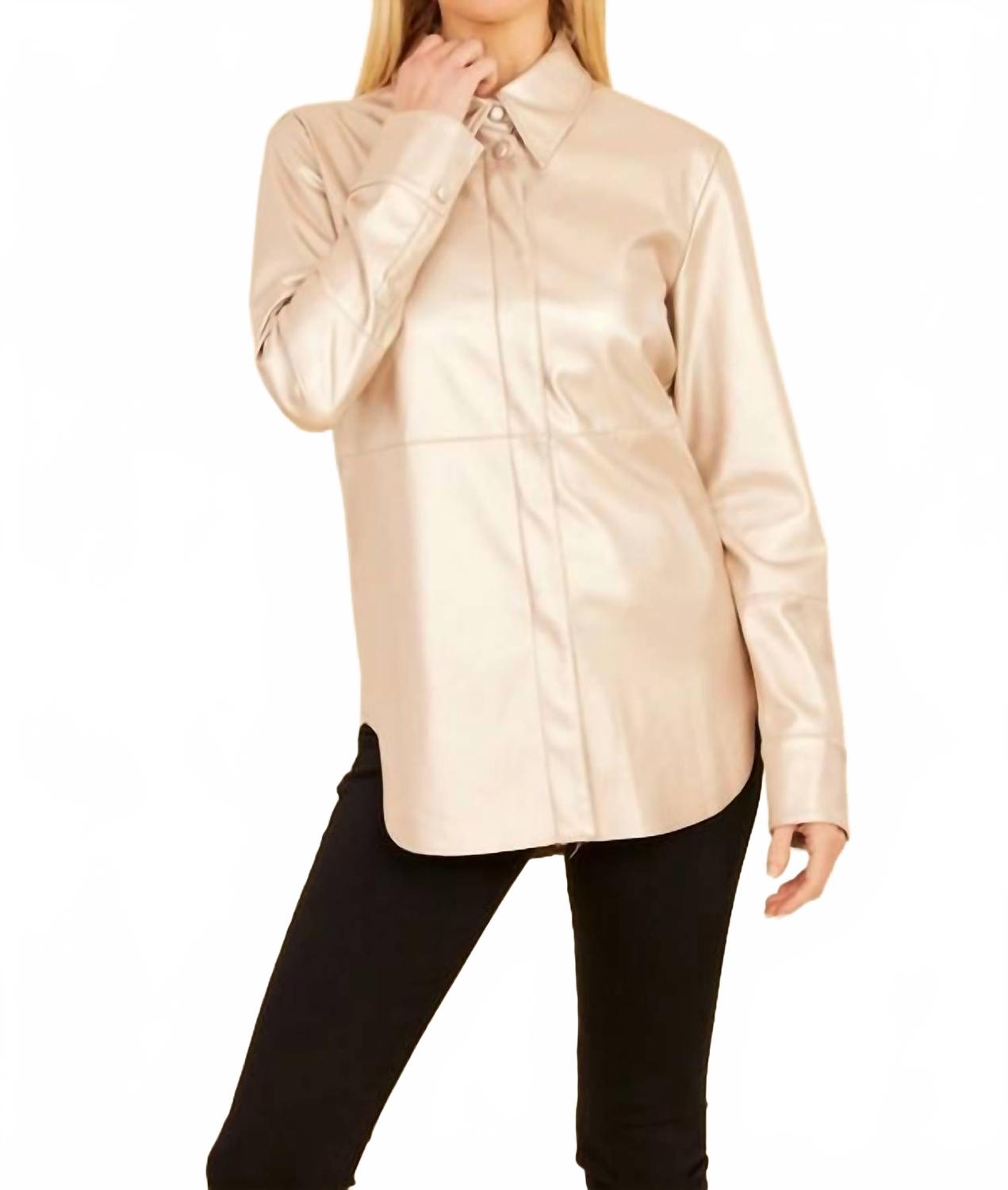 Vegan Leather Button Up Shirt In Pale Metallic Gold