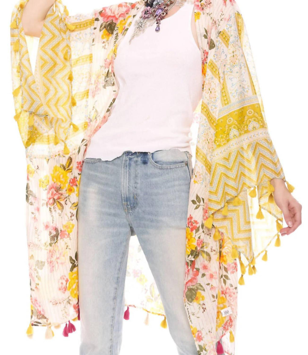 Floral Print Metallic Stipe Kimono In Mustard