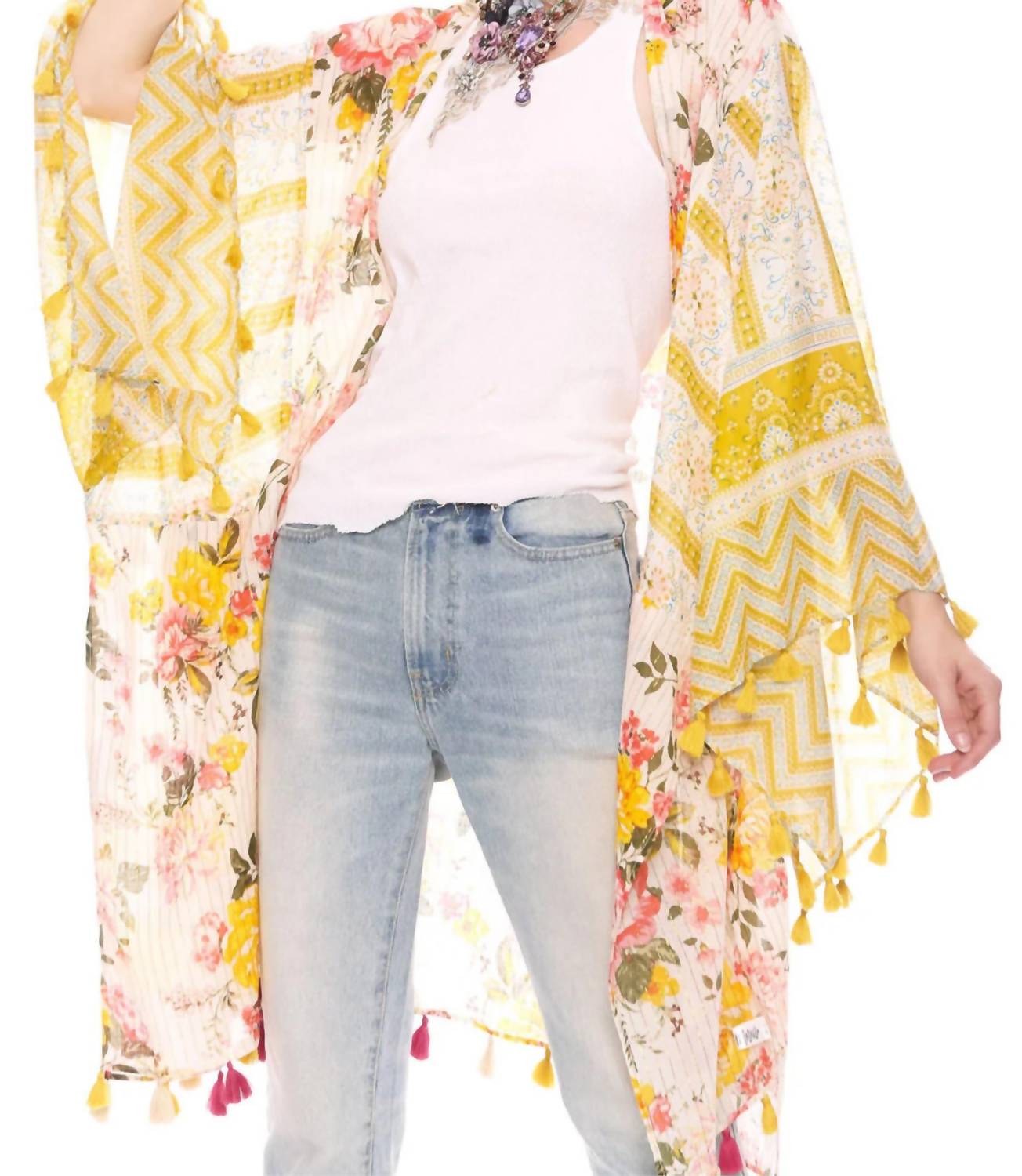 Floral Print Metallic Stipe Kimono In Mustard