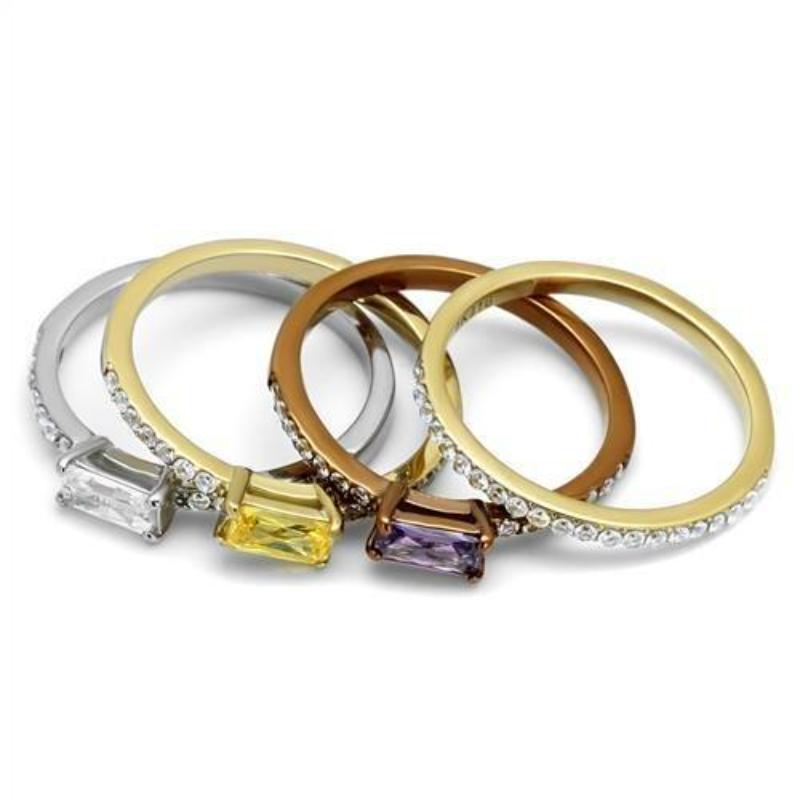 Three Tone (IP Gold & IP Light coffee & High Polished) Stainless Steel Ring with AAA Grade CZ in Multi Color