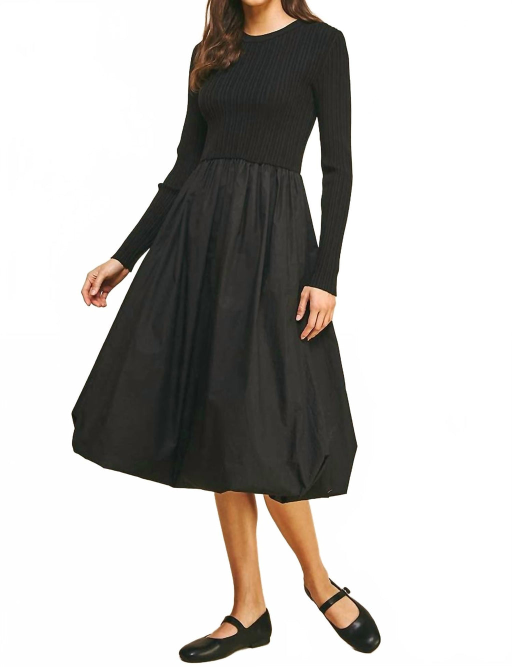 Contrast Balloon Midi Dress In Black