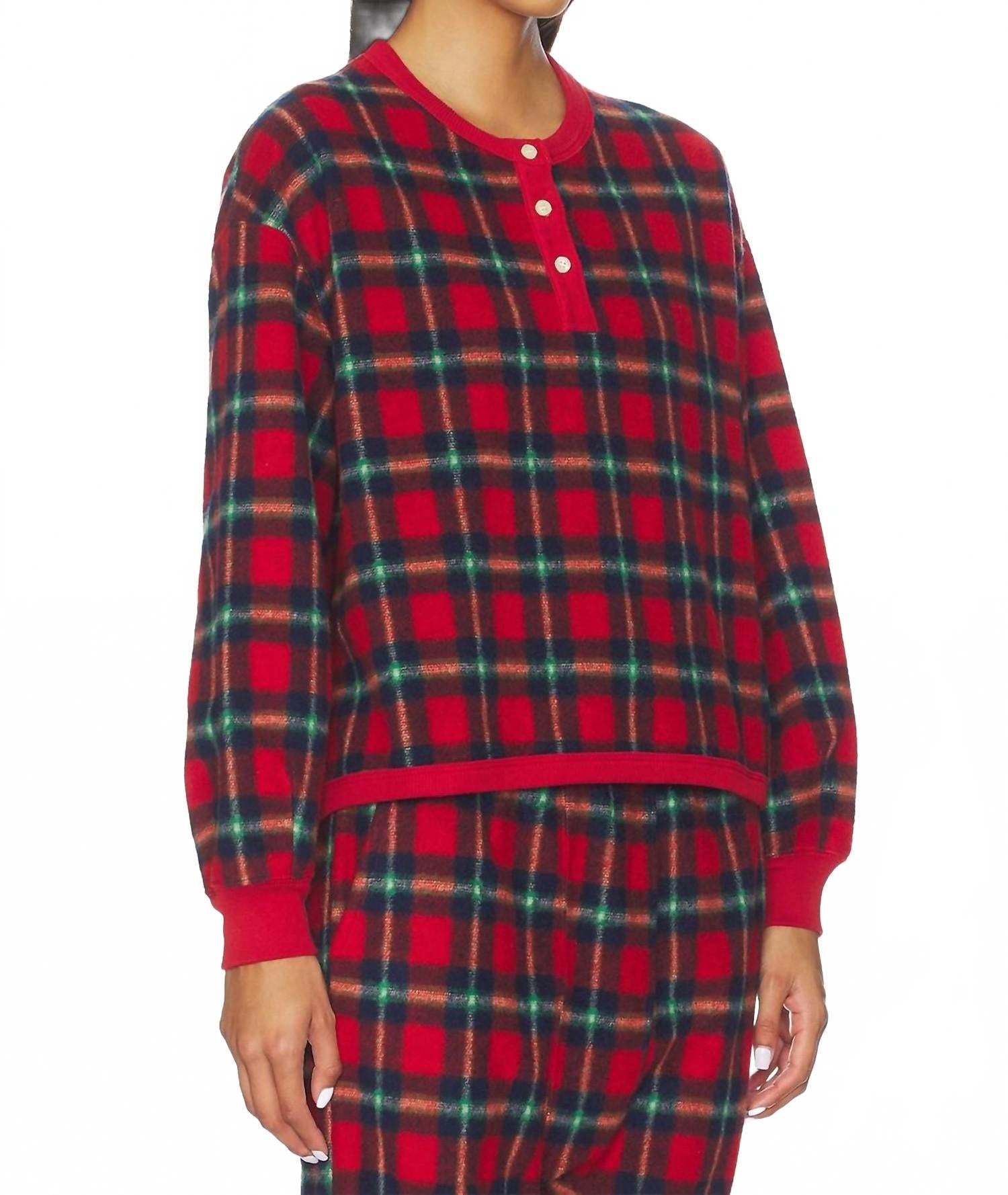 Plush Fleece Henley Sleep Sweatshirt In Cedarwoods Plaid