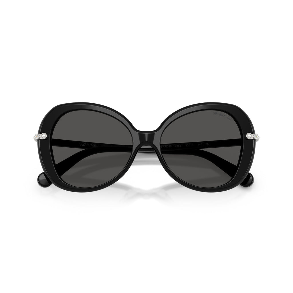 0Sk6059 Rounded Black Acetate Sunglasses with Crystal Embellishments