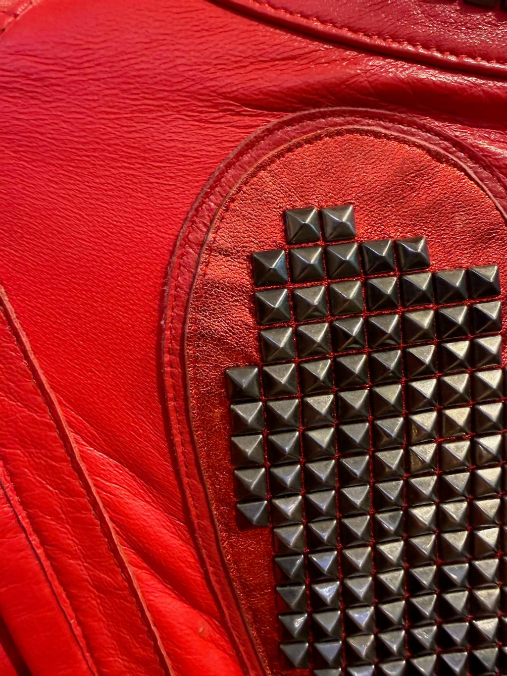 Laced Heart Leather Moto Jacket In Red