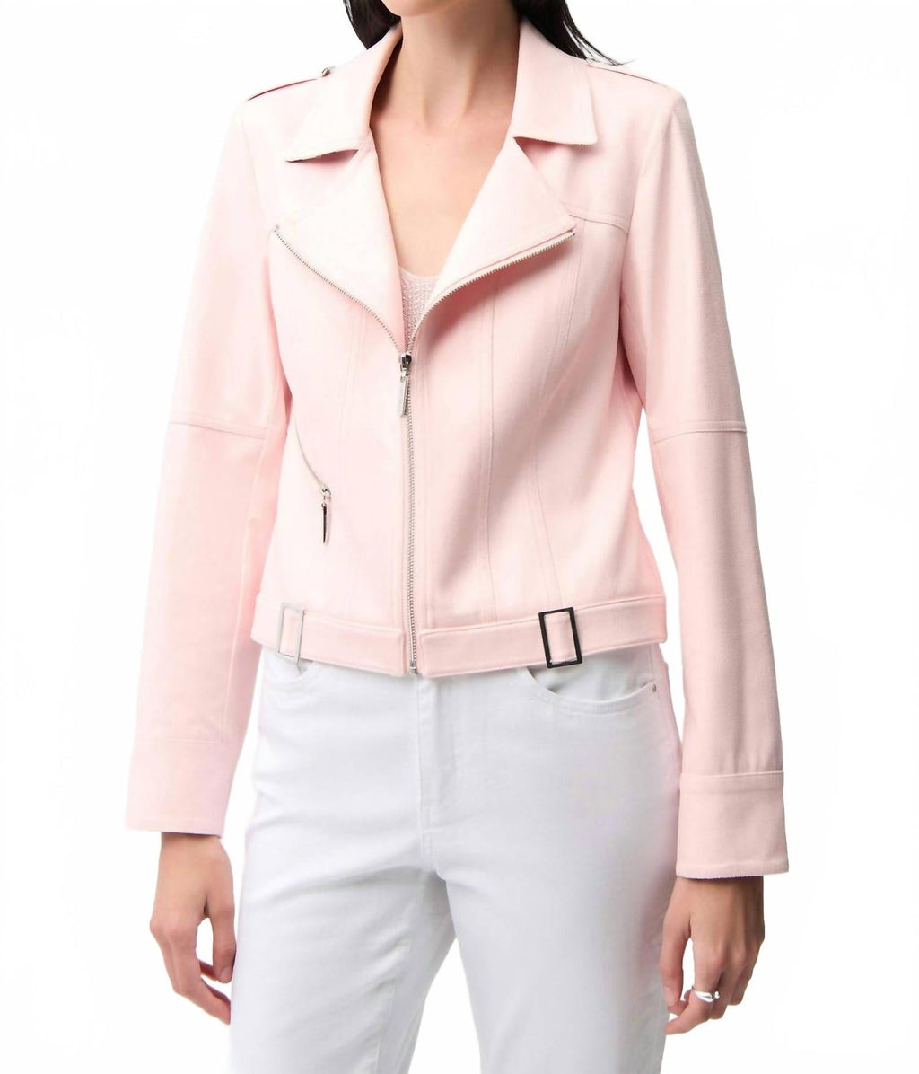 Foiled Faux Suede Fitted Jacket With Decorative Buckles In Petal Pink