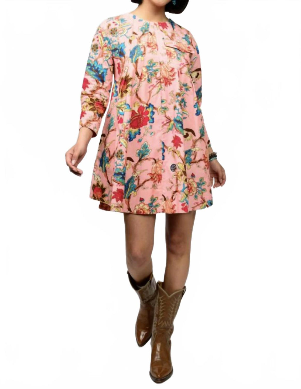 Tuck And Swing Long Sleeve Dress In Pink