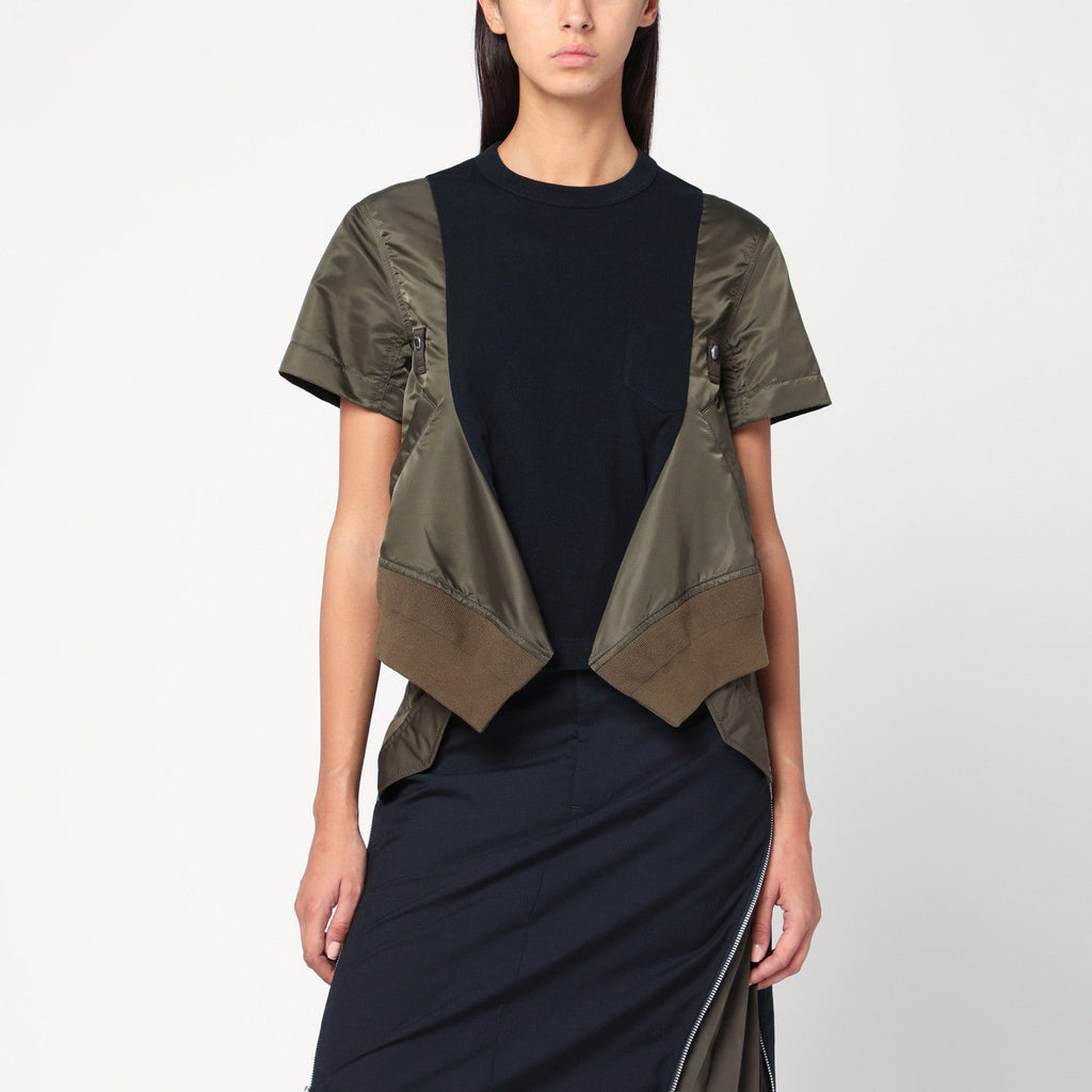 Sacai Navy/Kaki Cotton And Nylon T-Shirt Women