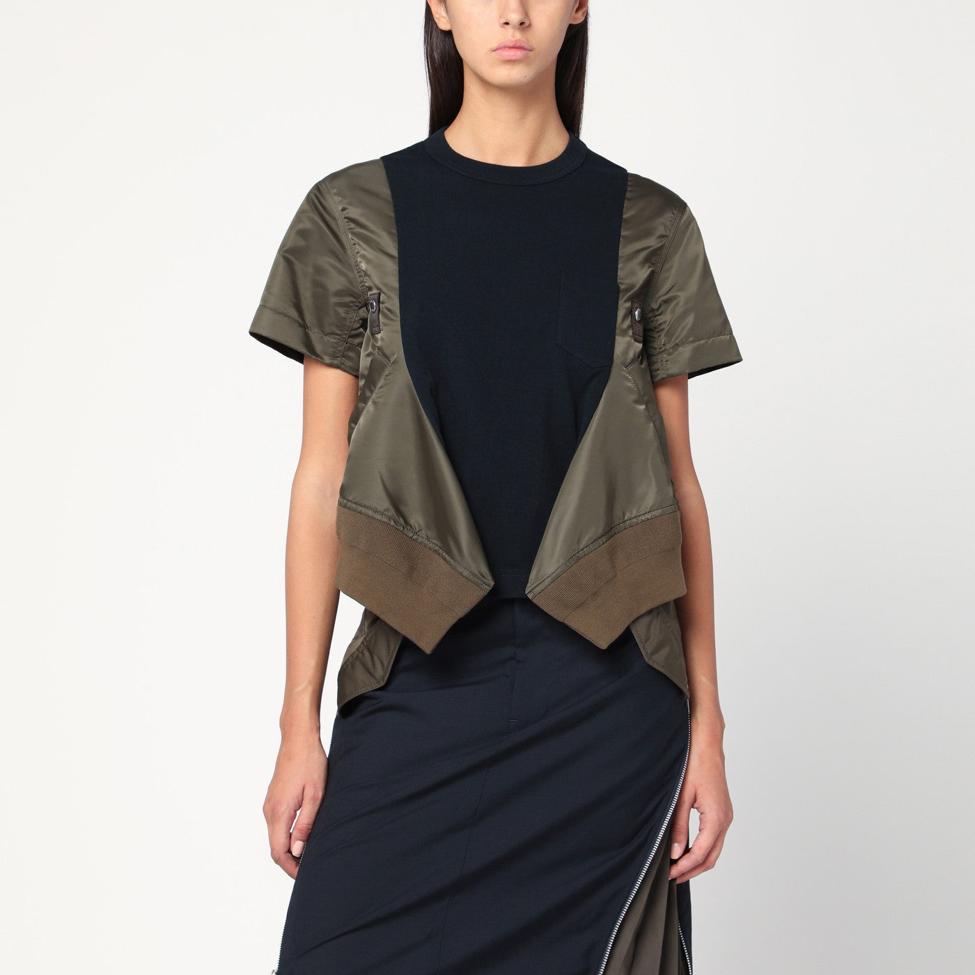 Sacai Navy/Kaki Cotton And Nylon T-Shirt Women