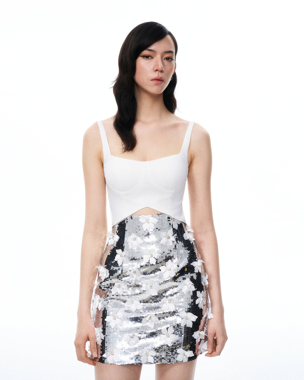 Arabella 3D Floral Sequin Embroidered Mini Dress - White